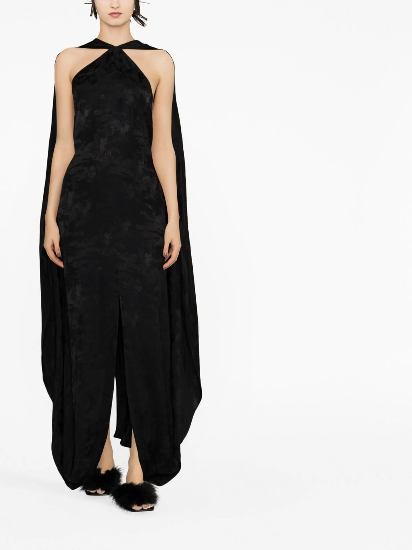 cape-style sleeveless gown