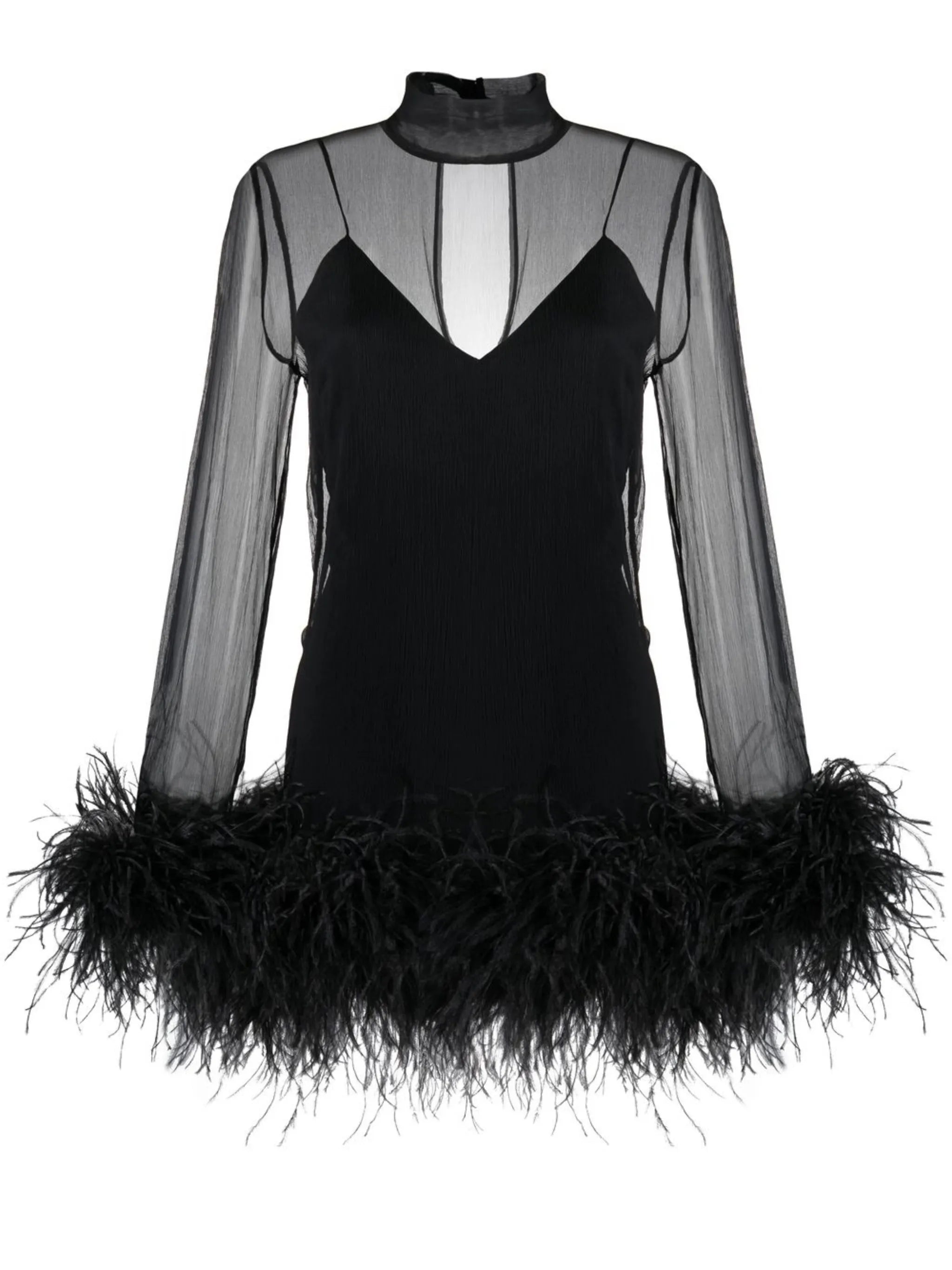 feather-trim long-sleeve mini dress