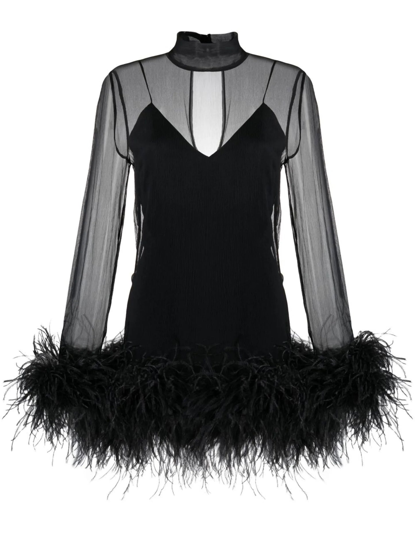 feather-trim long-sleeve mini dress