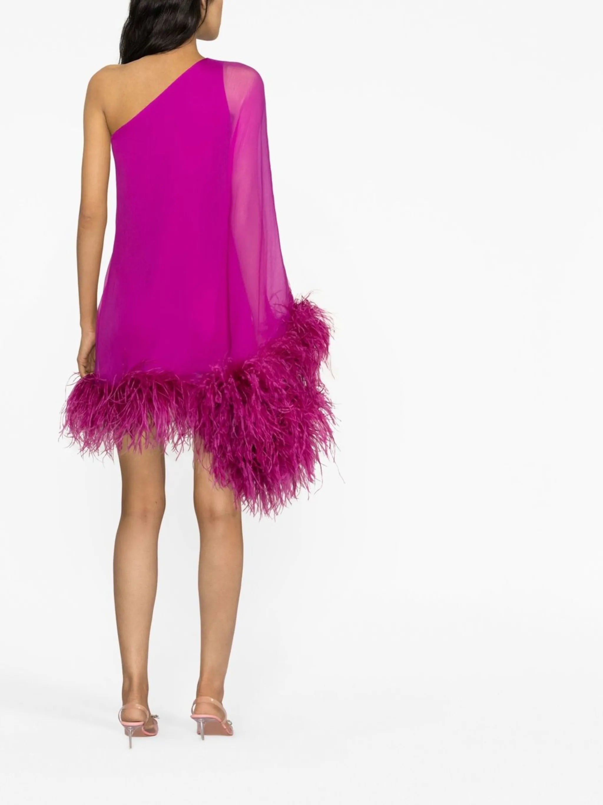 feather-trim one-sleeve minidress