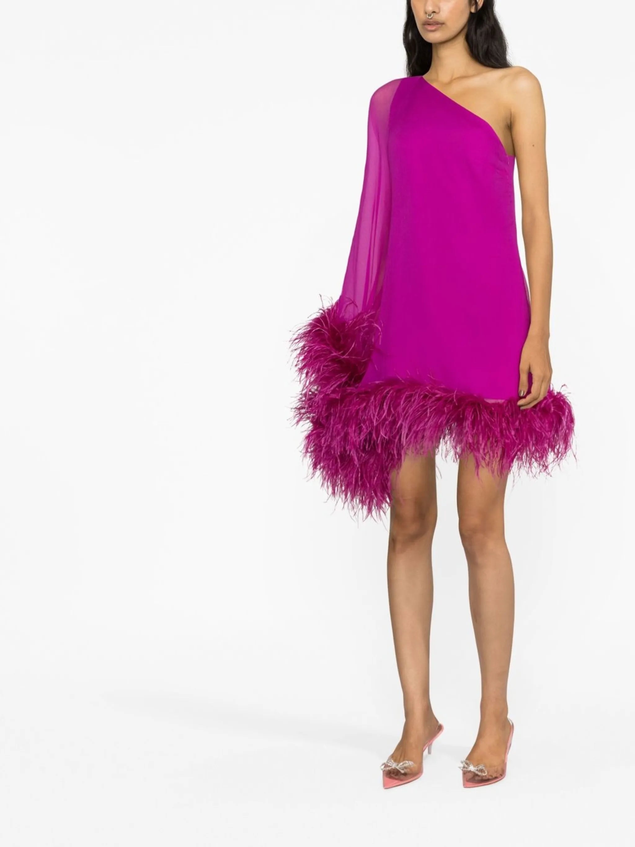 feather-trim one-sleeve minidress