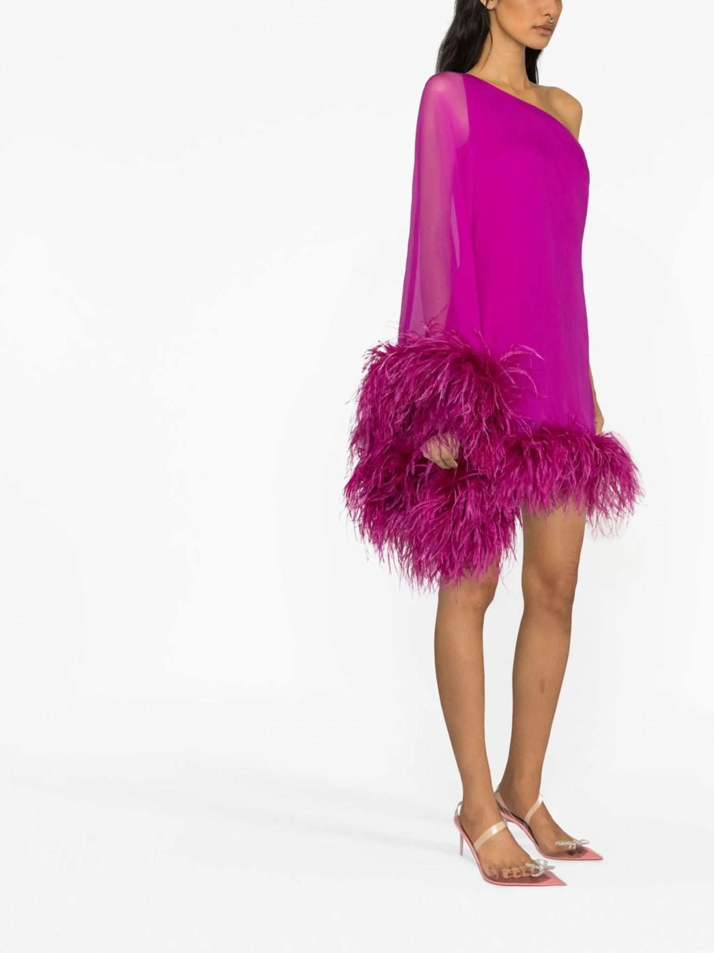 feather-trim one-sleeve minidress