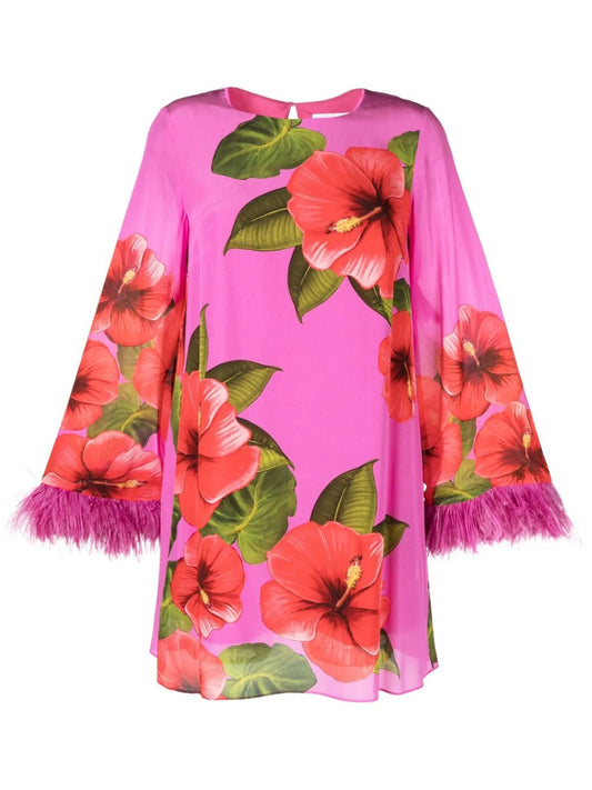 Cocoa floral-print feather-trimmed minidress