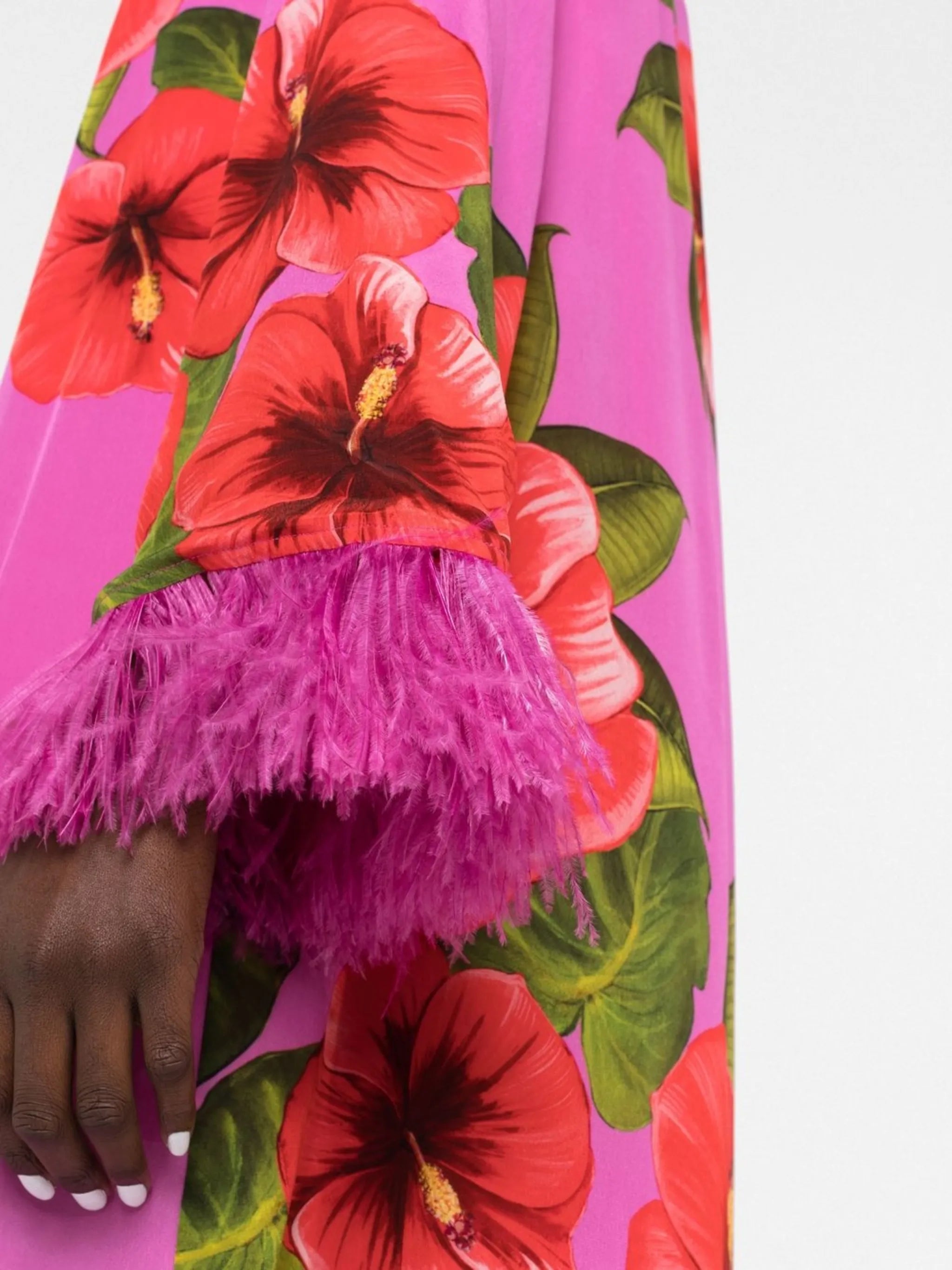 Cocoa floral-print feather-trimmed minidress