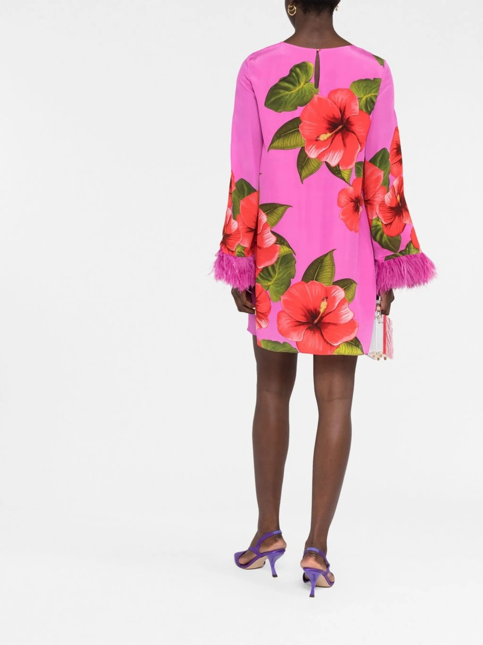 Cocoa floral-print feather-trimmed minidress
