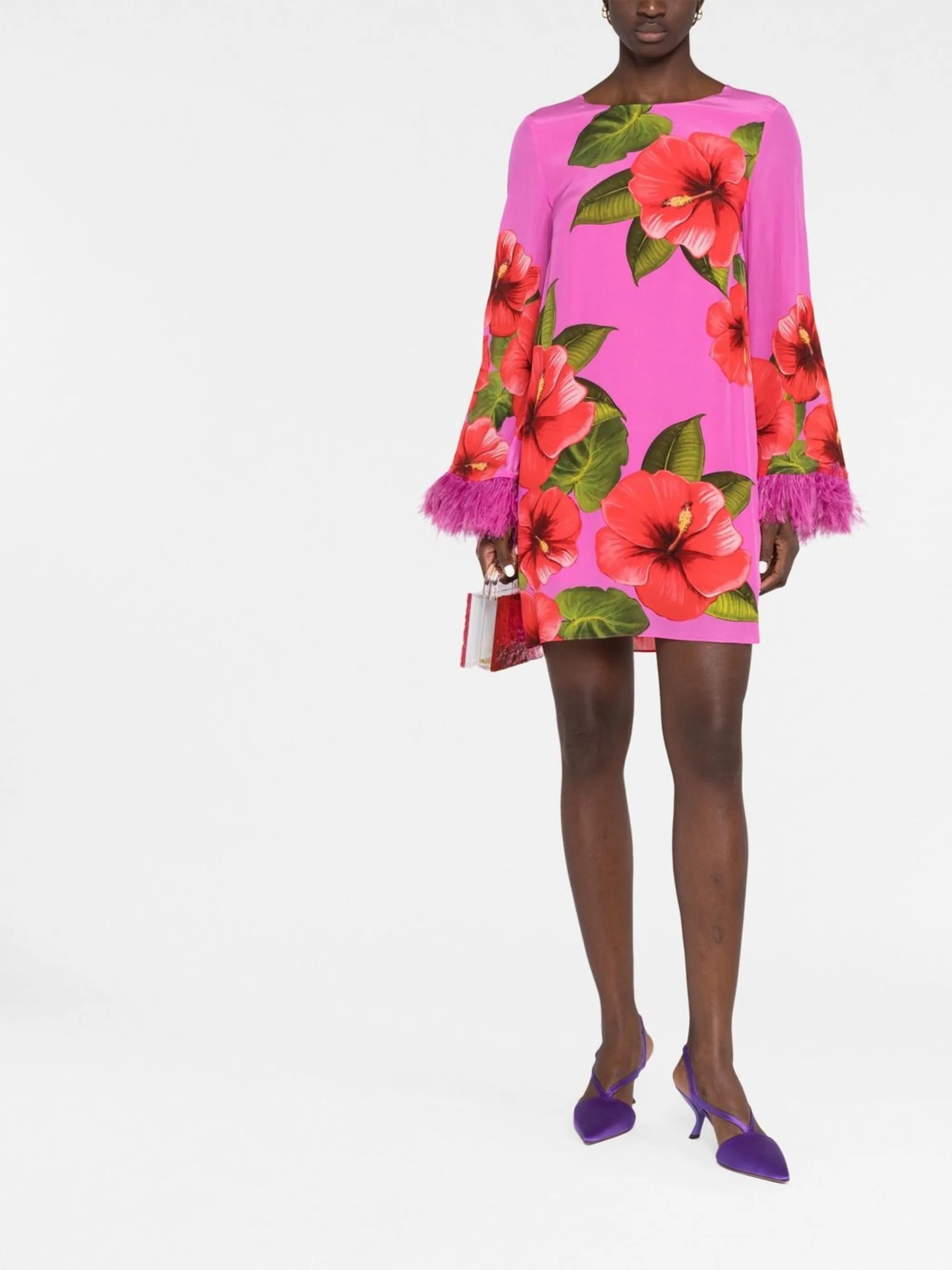 Cocoa floral-print feather-trimmed minidress