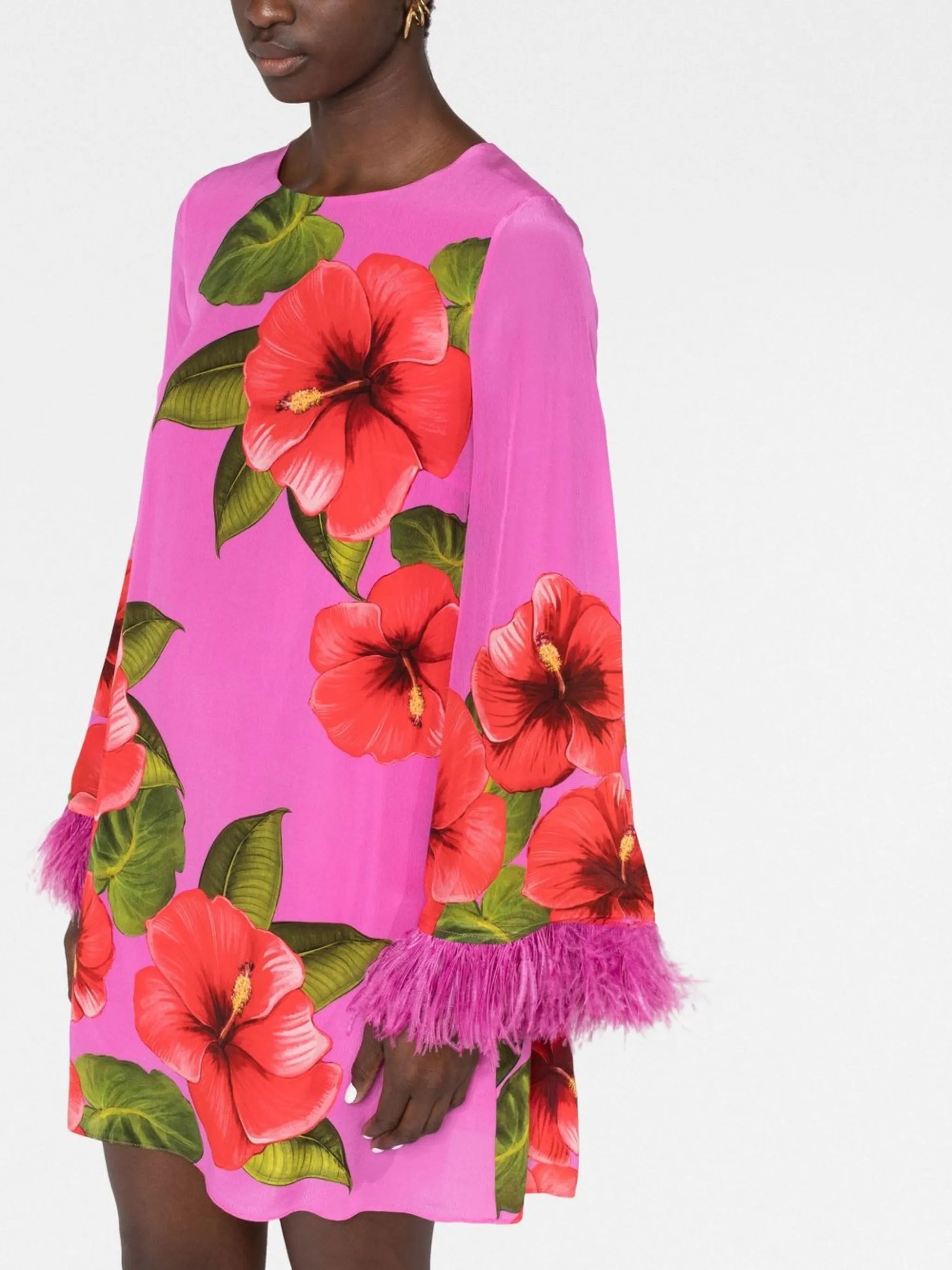 Cocoa floral-print feather-trimmed minidress