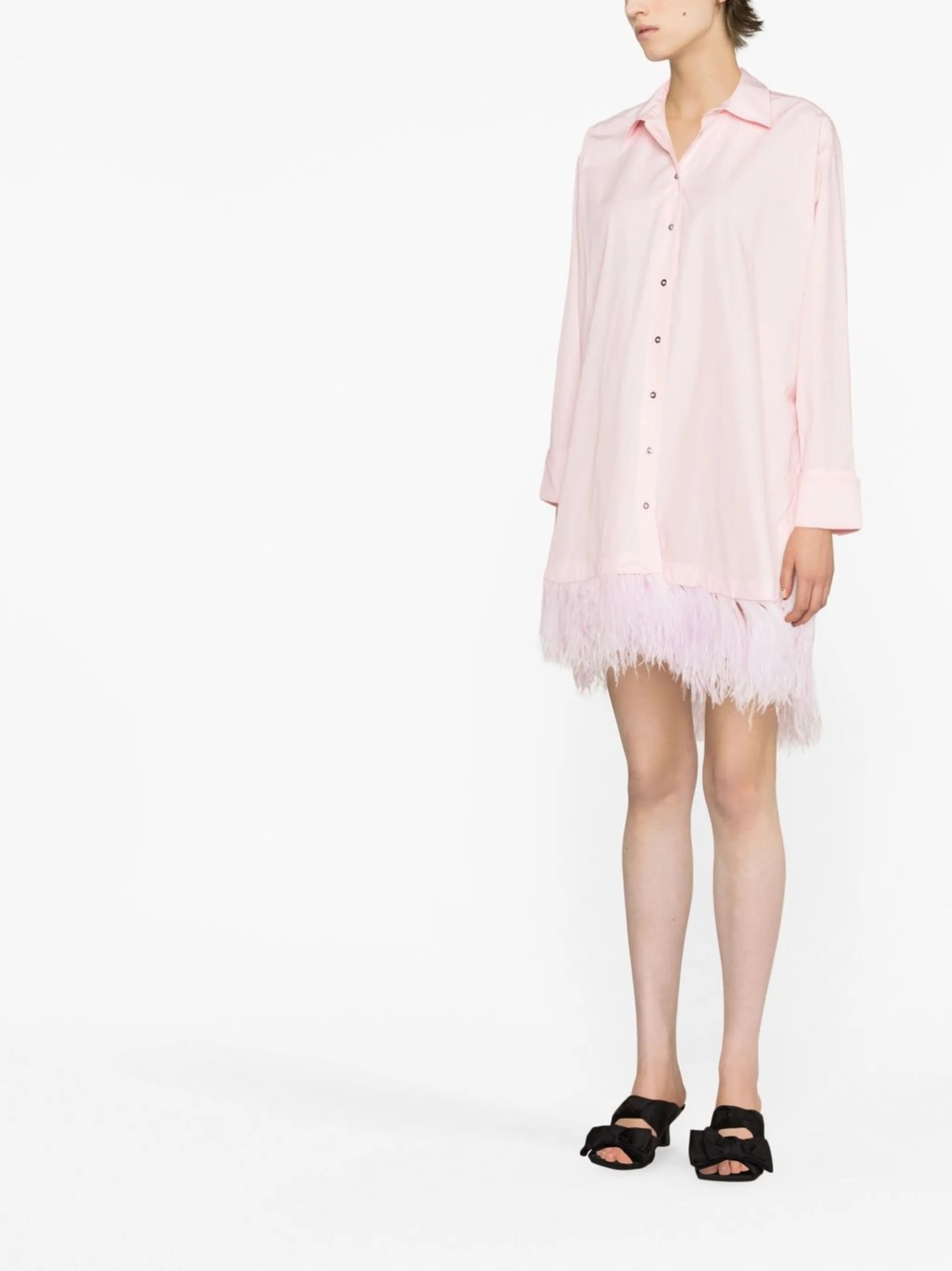 feather-trim long-sleeve shirtdress