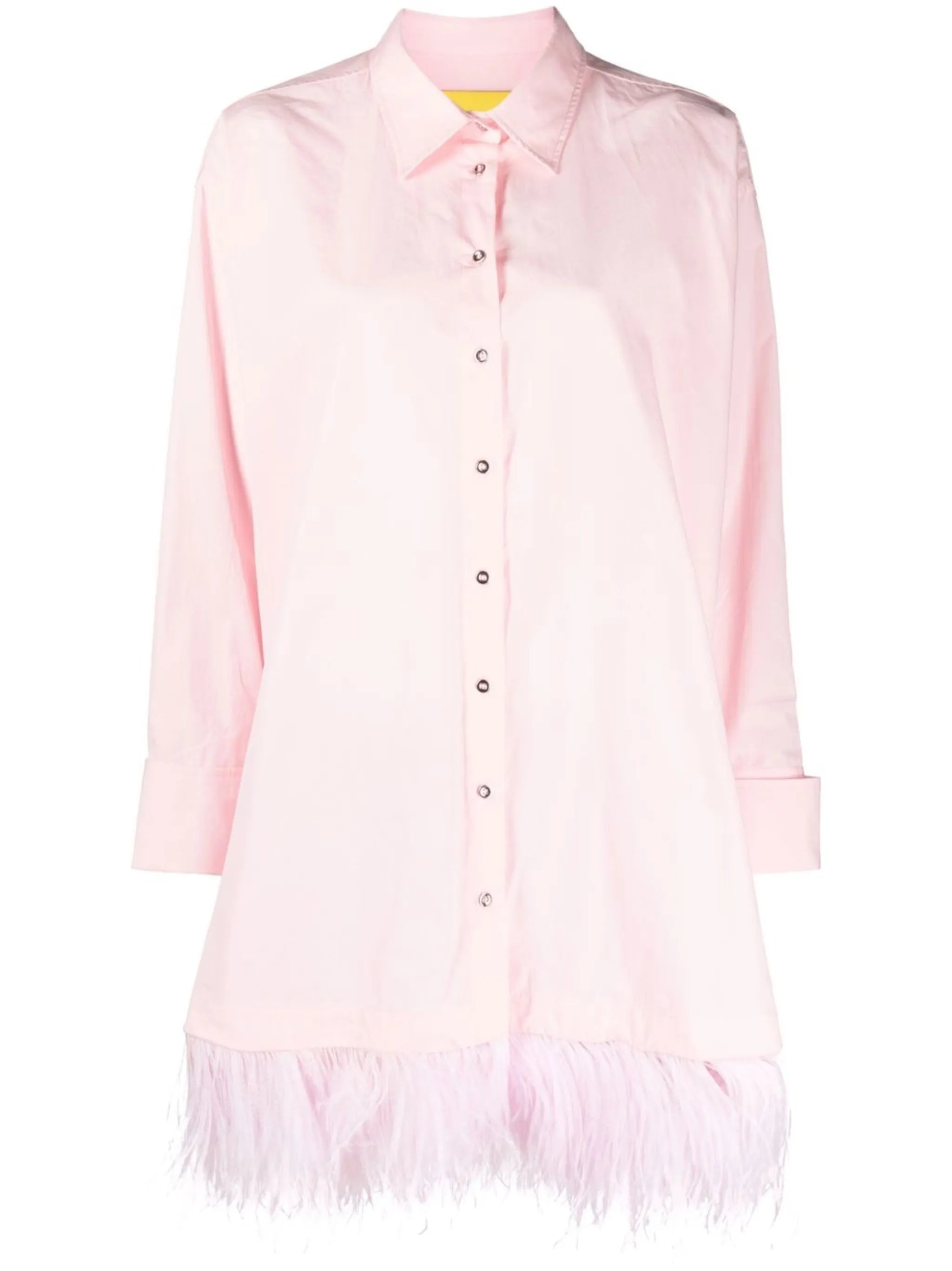 feather-trim long-sleeve shirtdress
