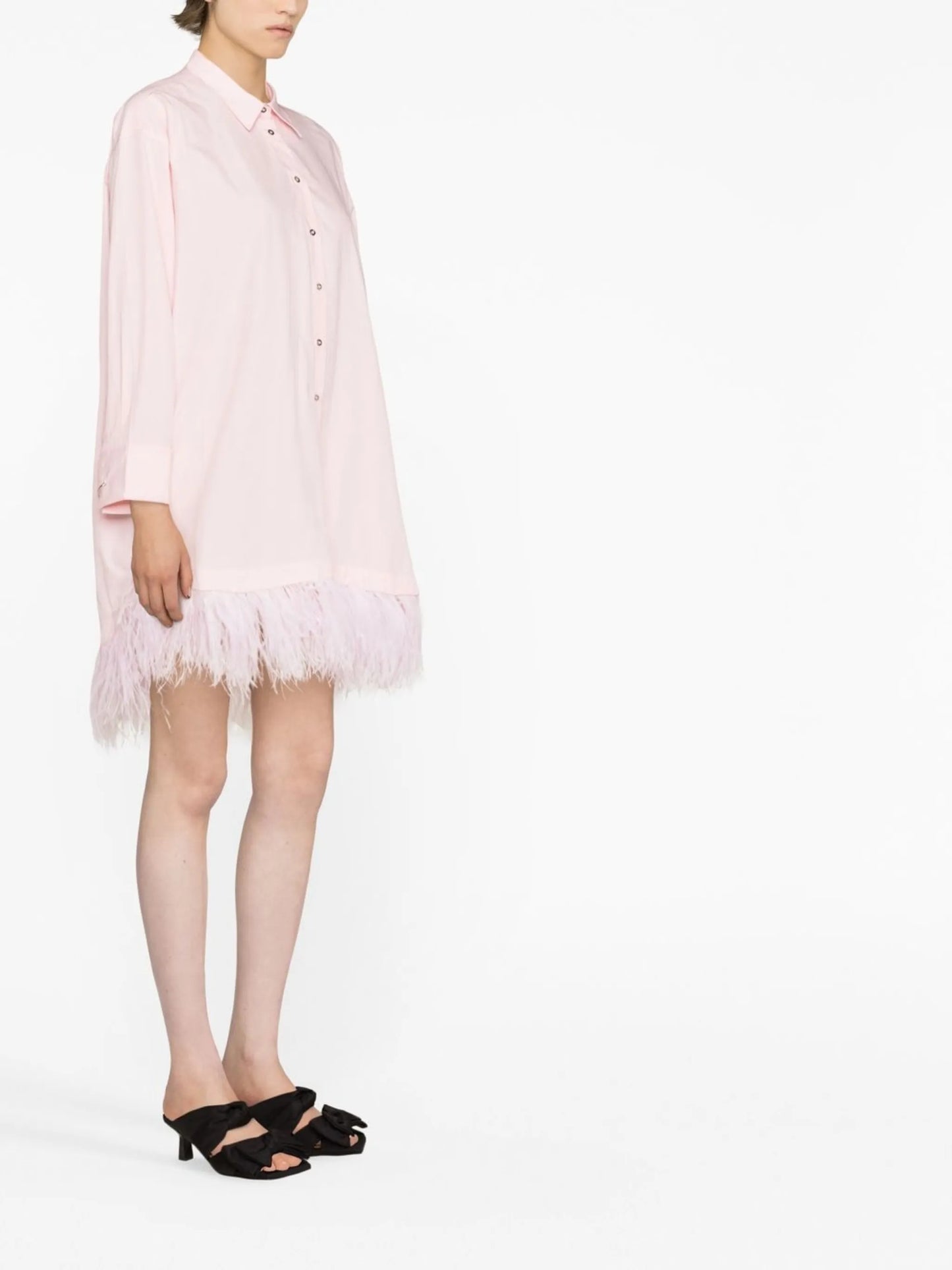 feather-trim long-sleeve shirtdress