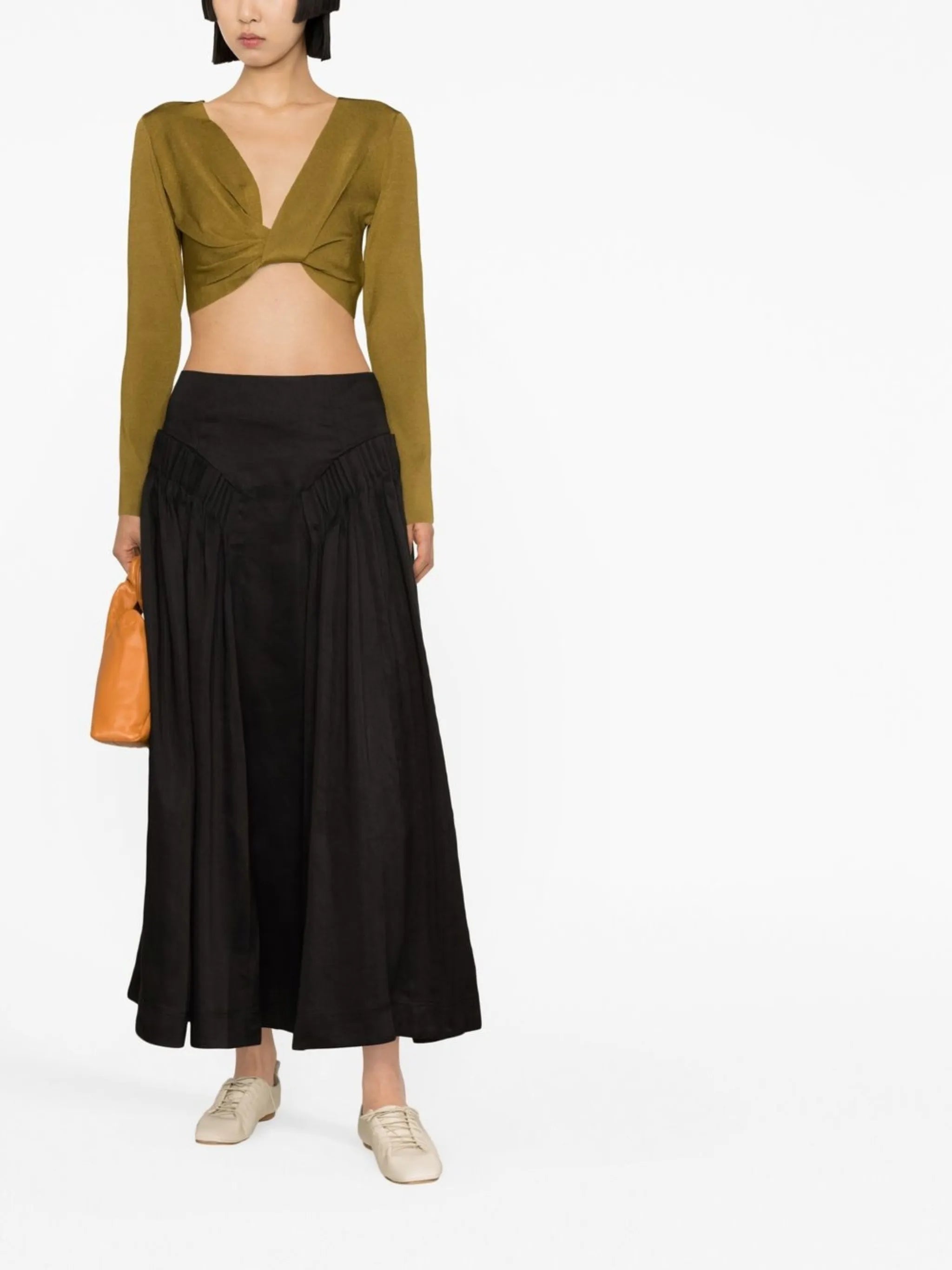 pleat-detail linen midi skirt