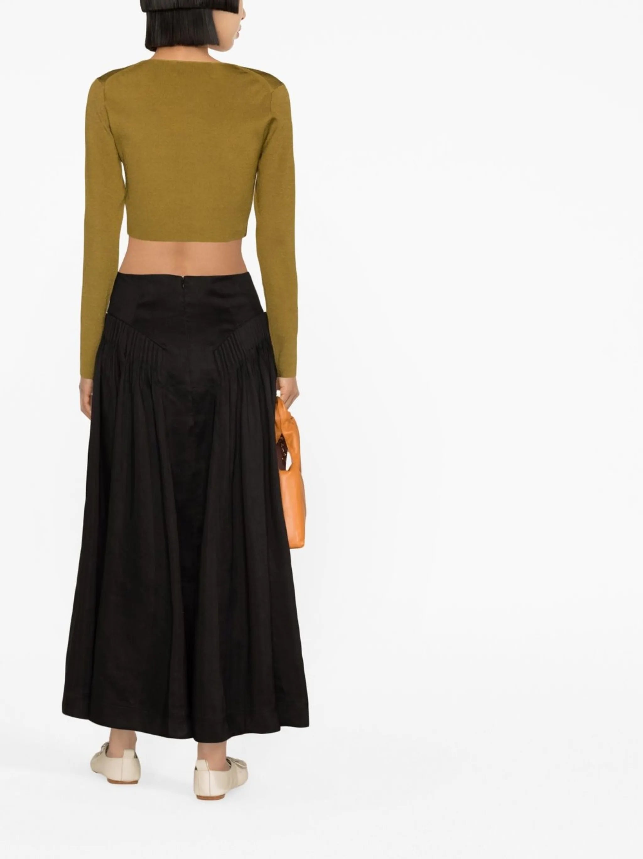 pleat-detail linen midi skirt