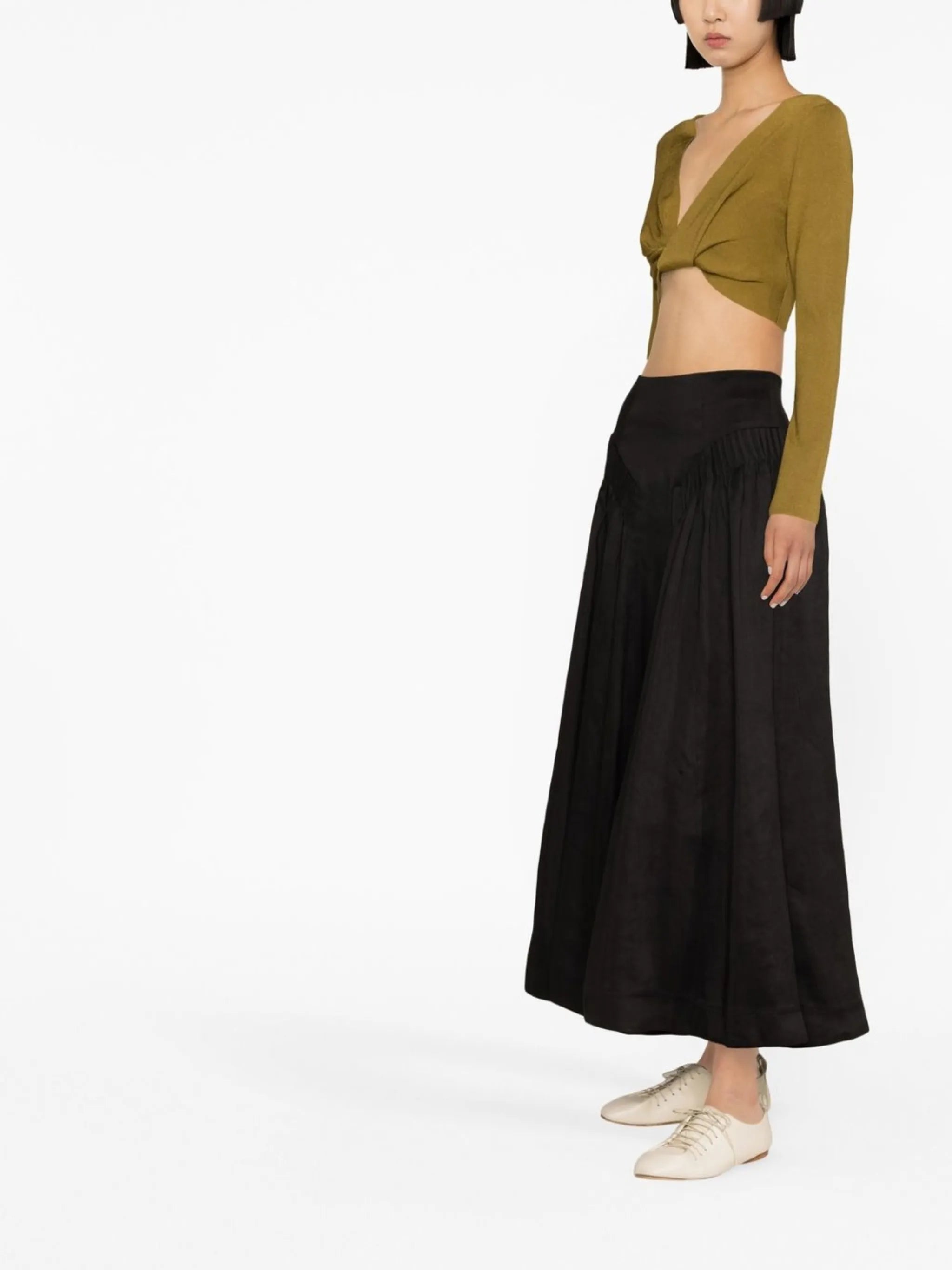 pleat-detail linen midi skirt