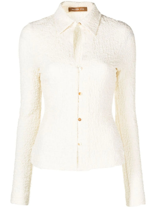 crinkled long-sleeve polo top