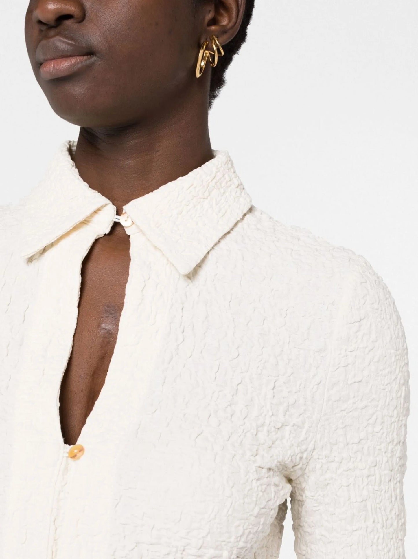 crinkled long-sleeve polo top