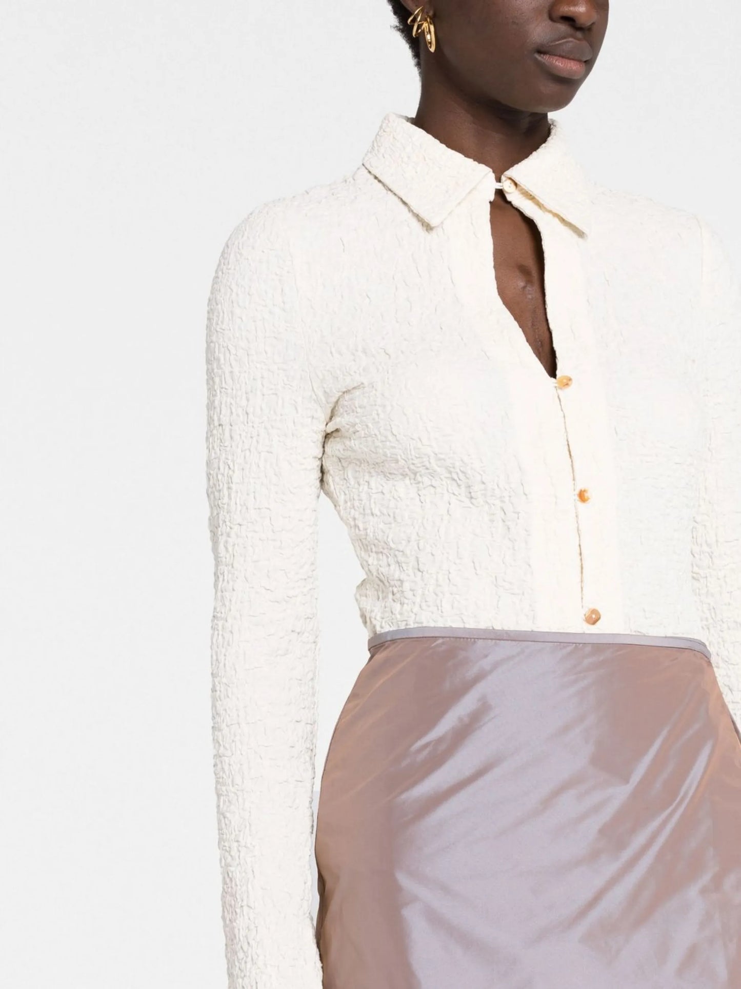 crinkled long-sleeve polo top
