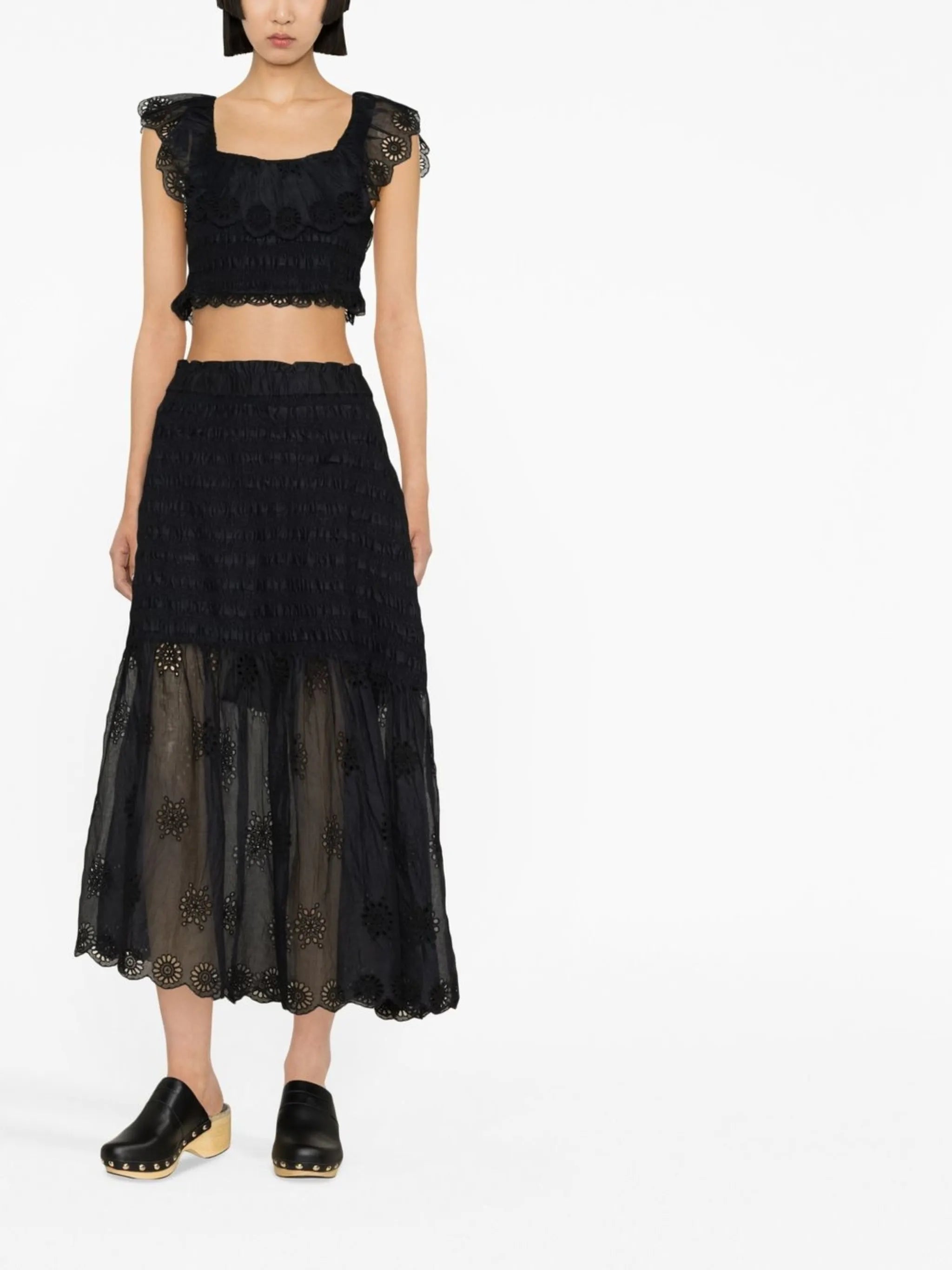 floral lace trim smocked crop top
