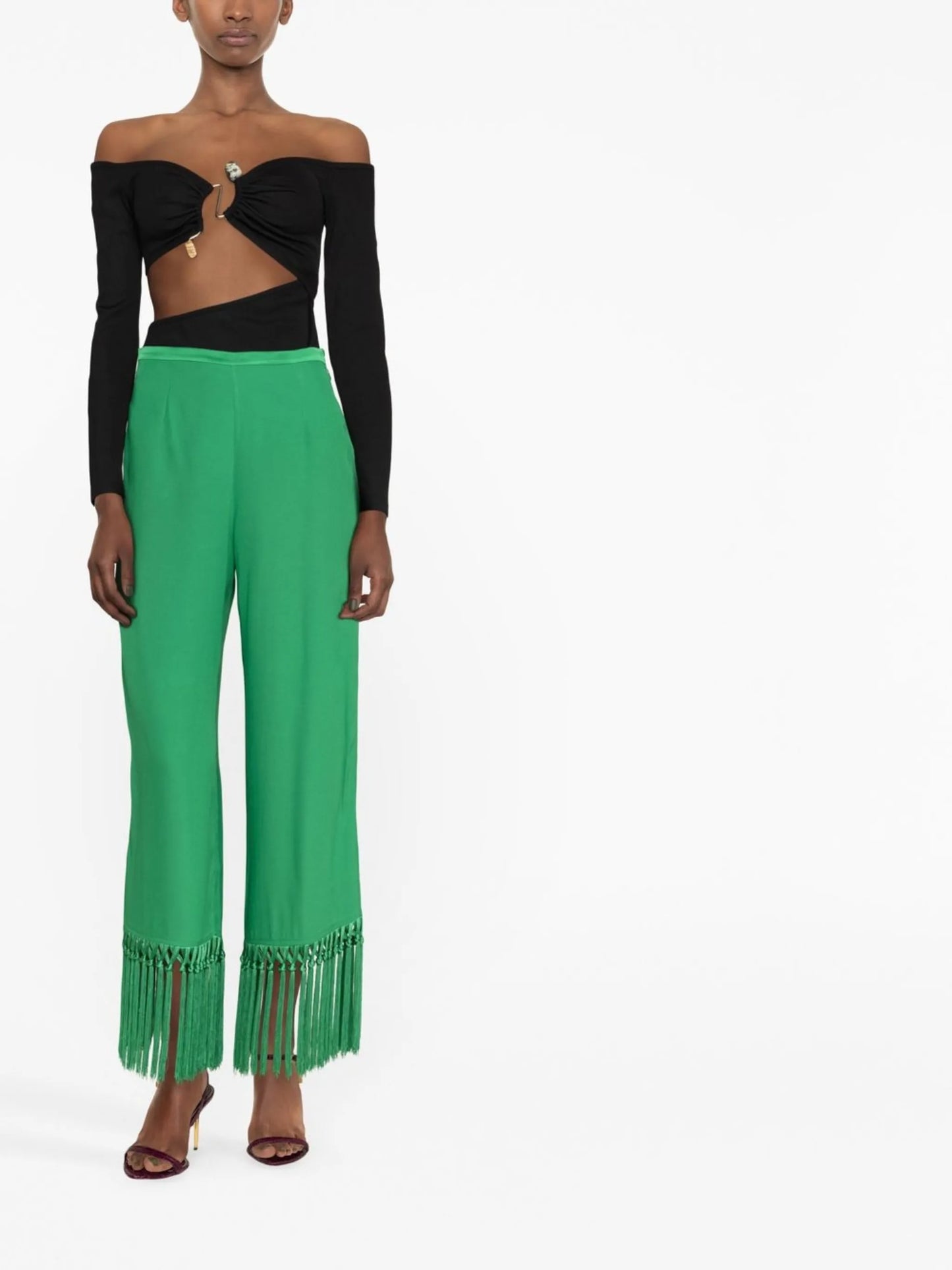 straight-leg fringe-trim trousers