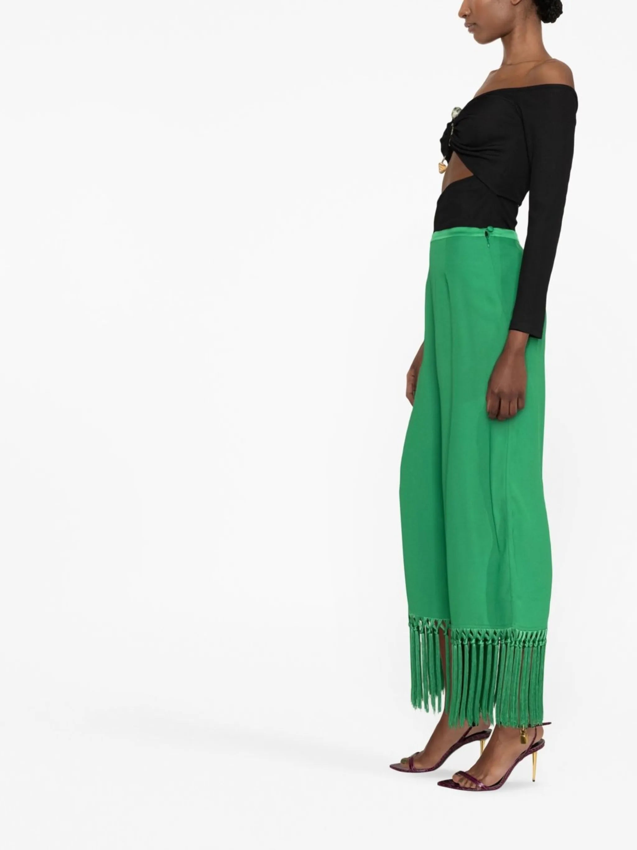 straight-leg fringe-trim trousers