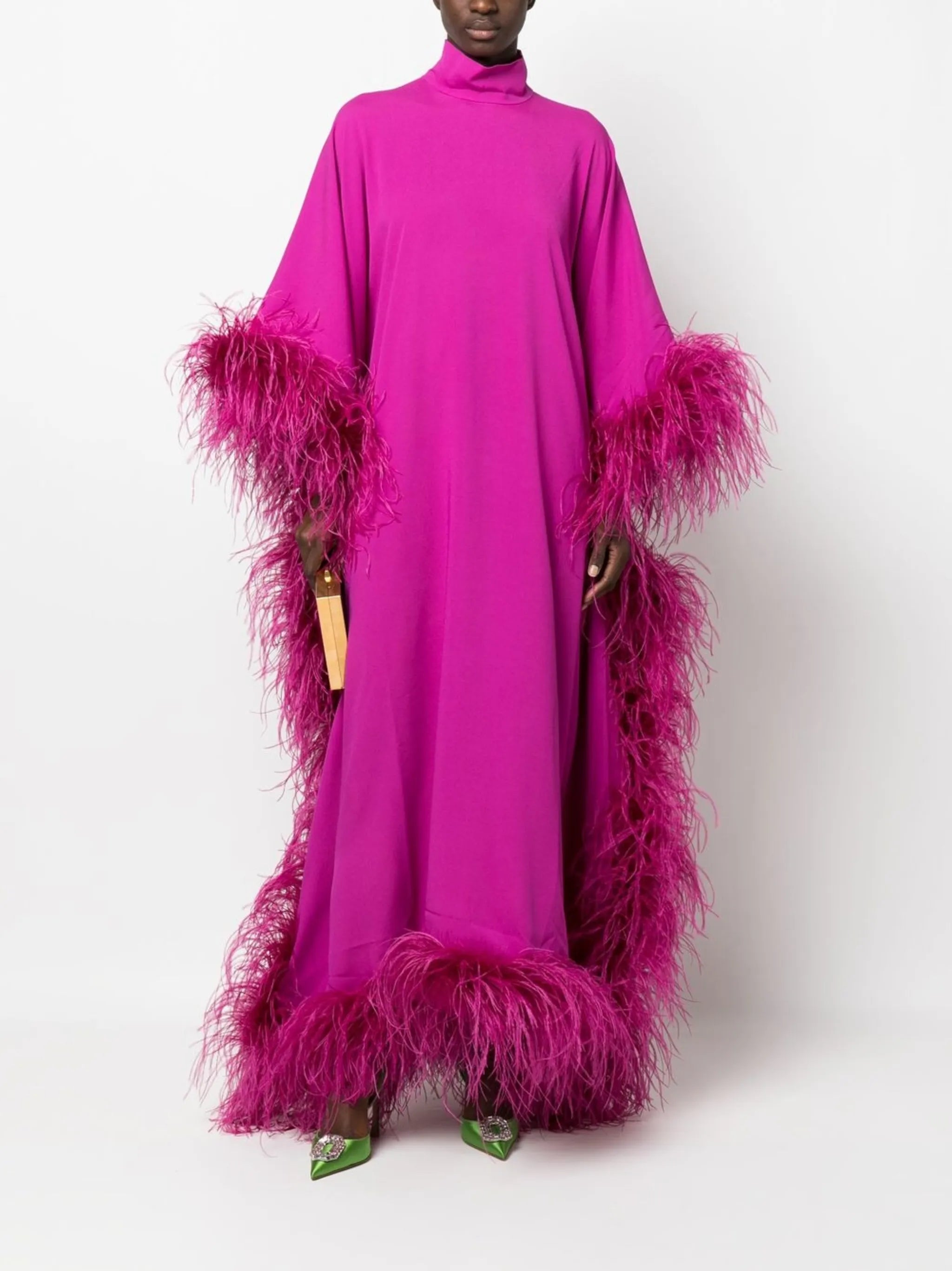 feather-trim evening gown
