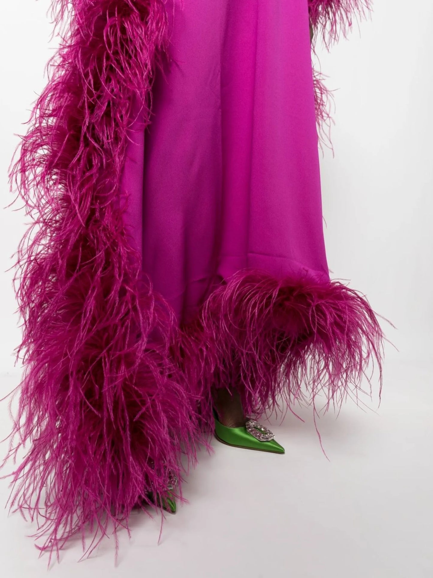 feather-trim evening gown
