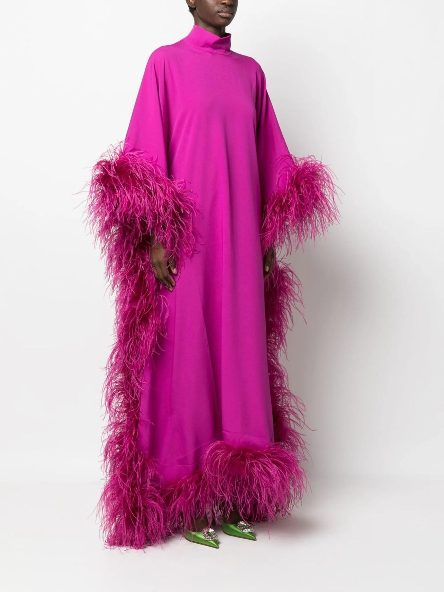 feather-trim evening gown