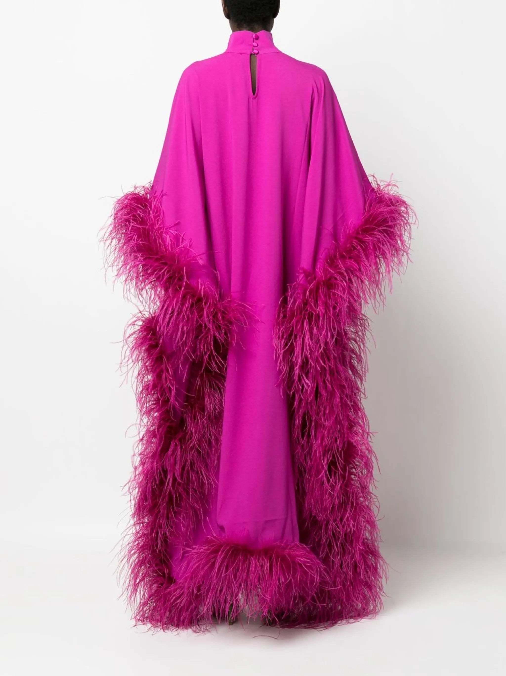 feather-trim evening gown