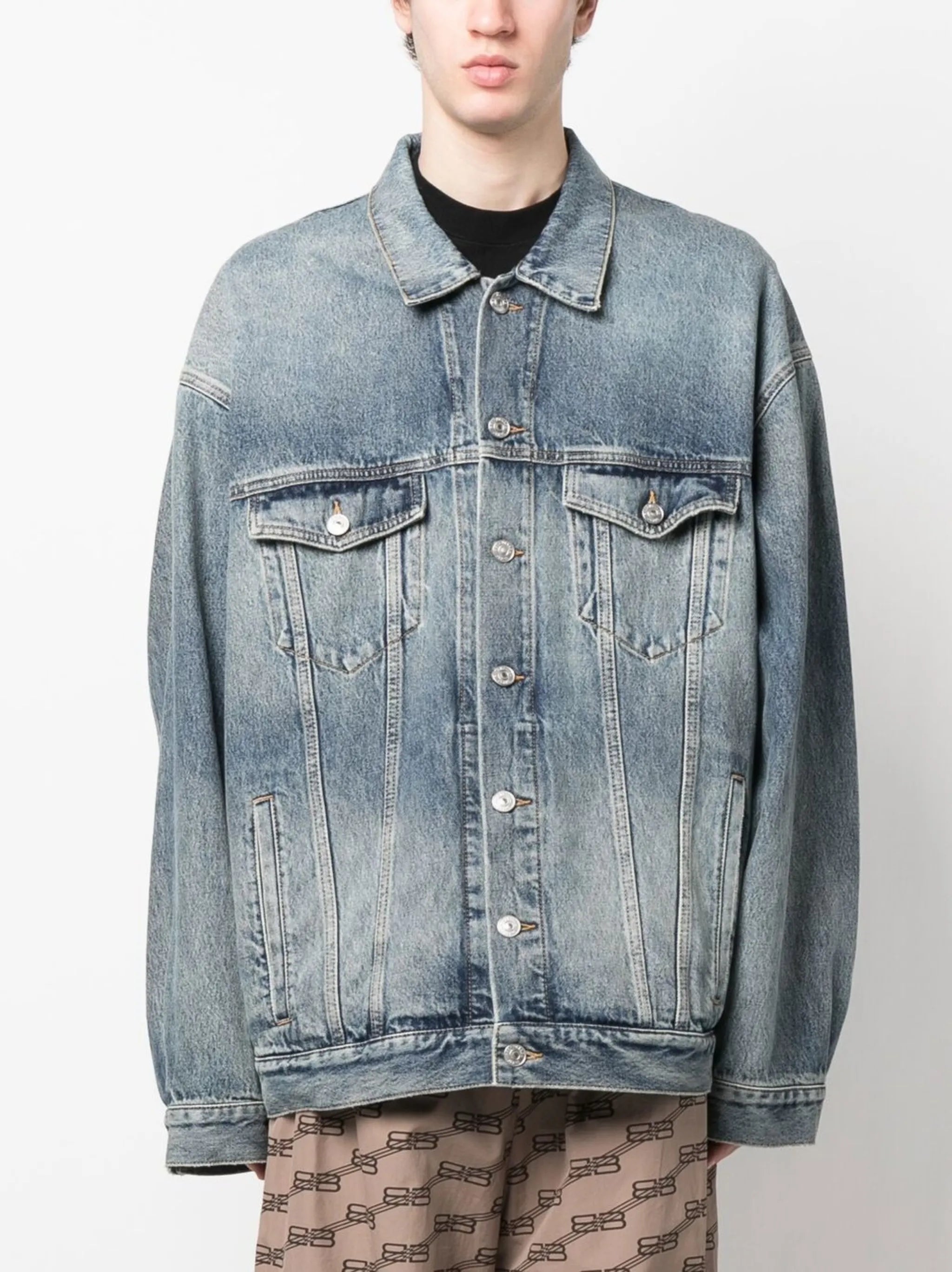 bleached-effect button-up denim jacket