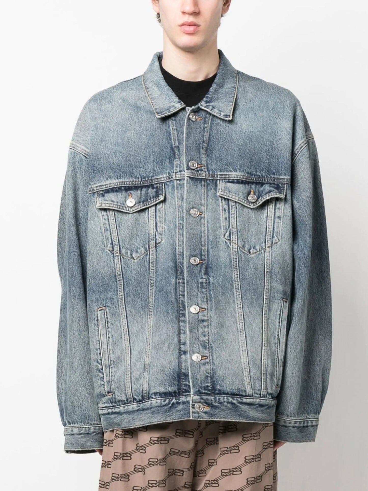bleached-effect button-up denim jacket