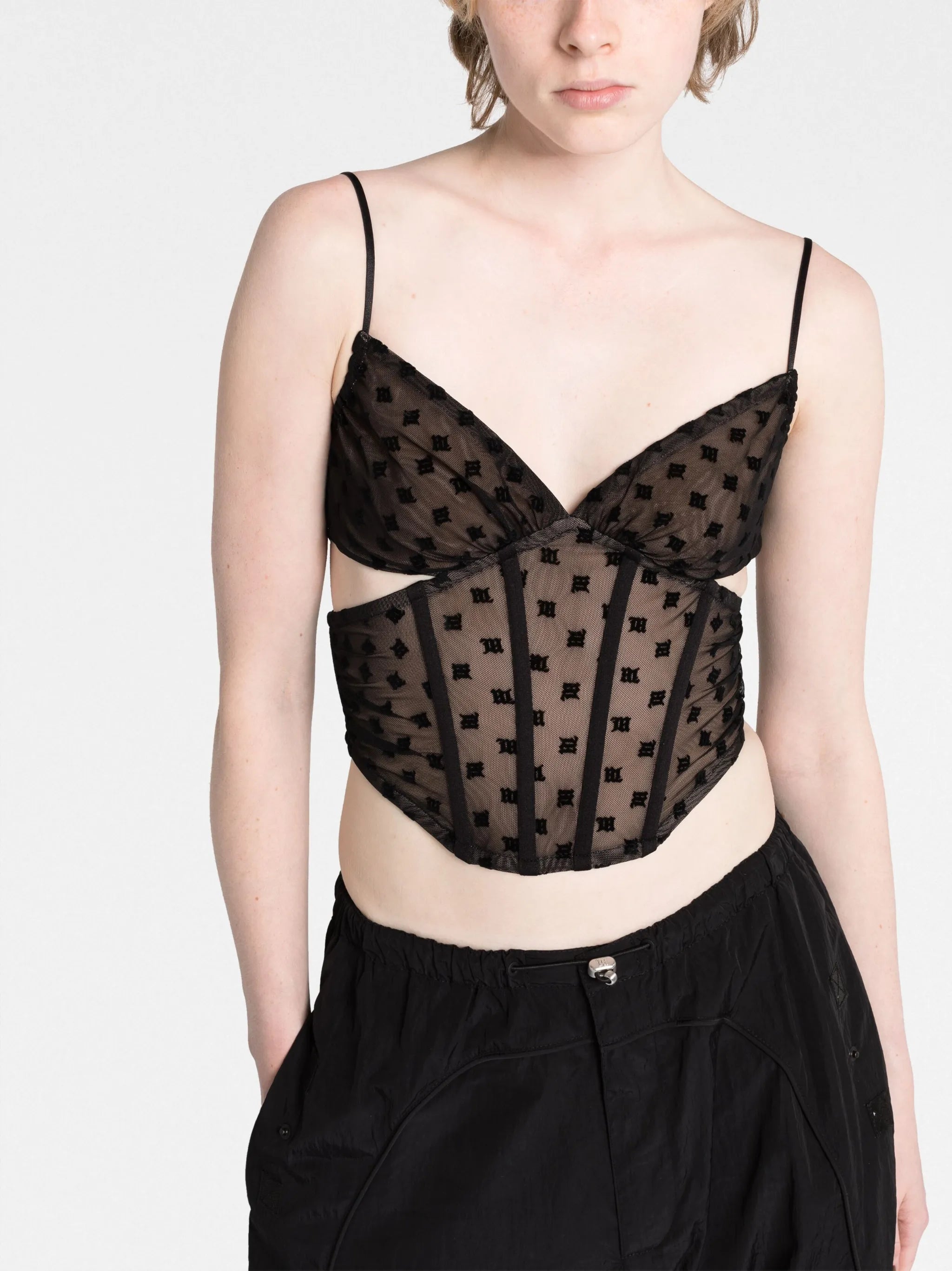 mesh monogram corset top