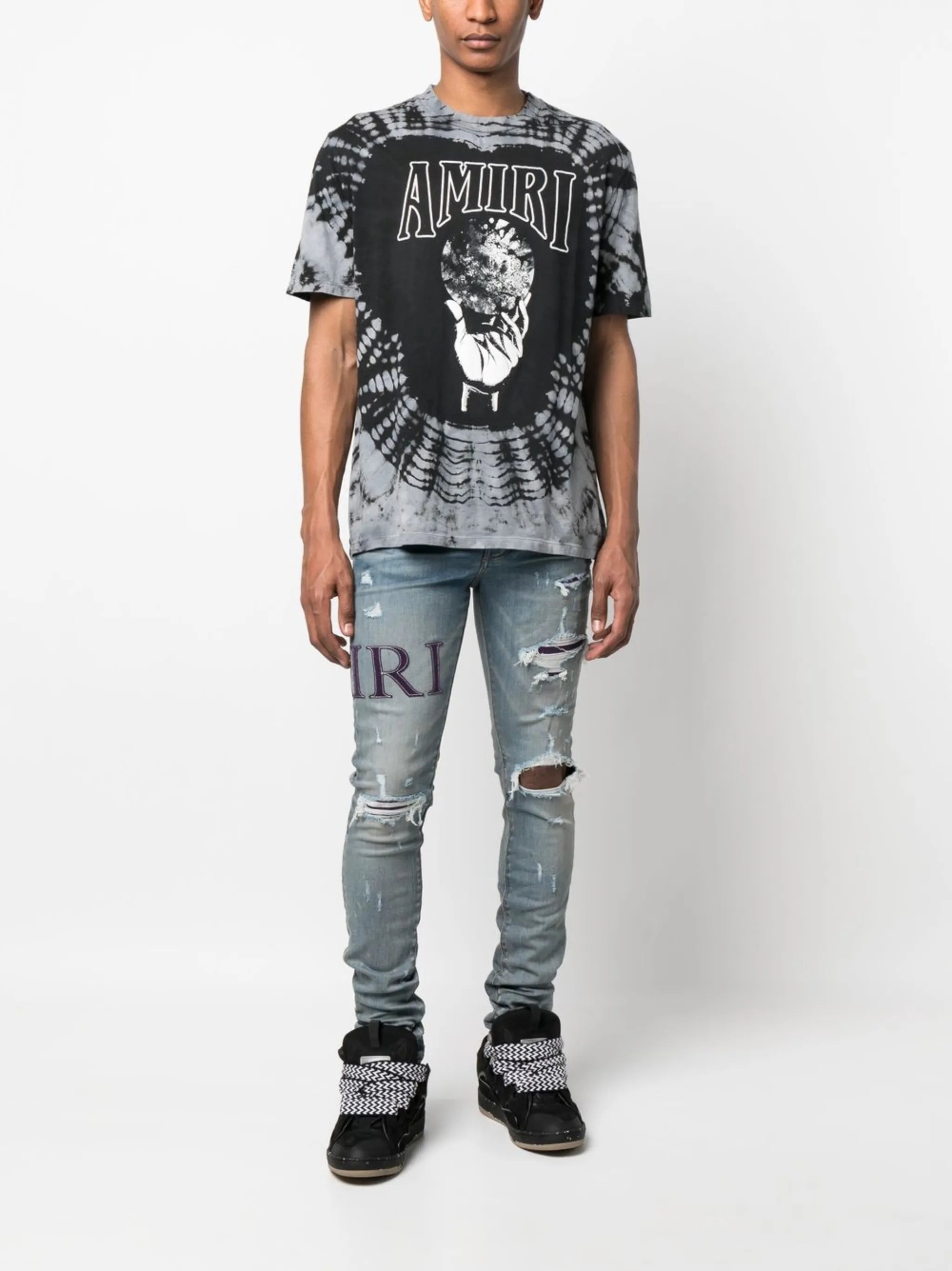 ripped-knee logo-print skinny jeans