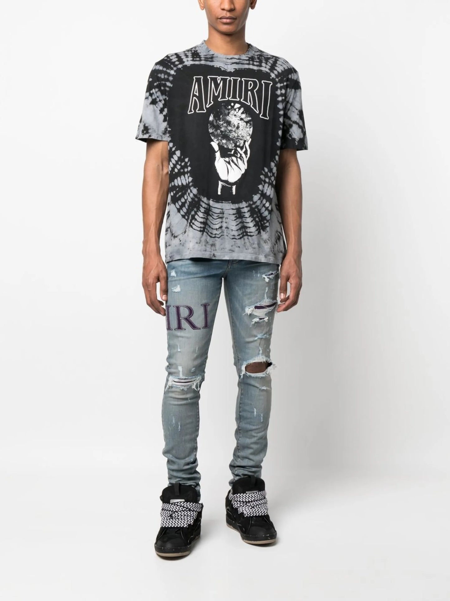 ripped-knee logo-print skinny jeans