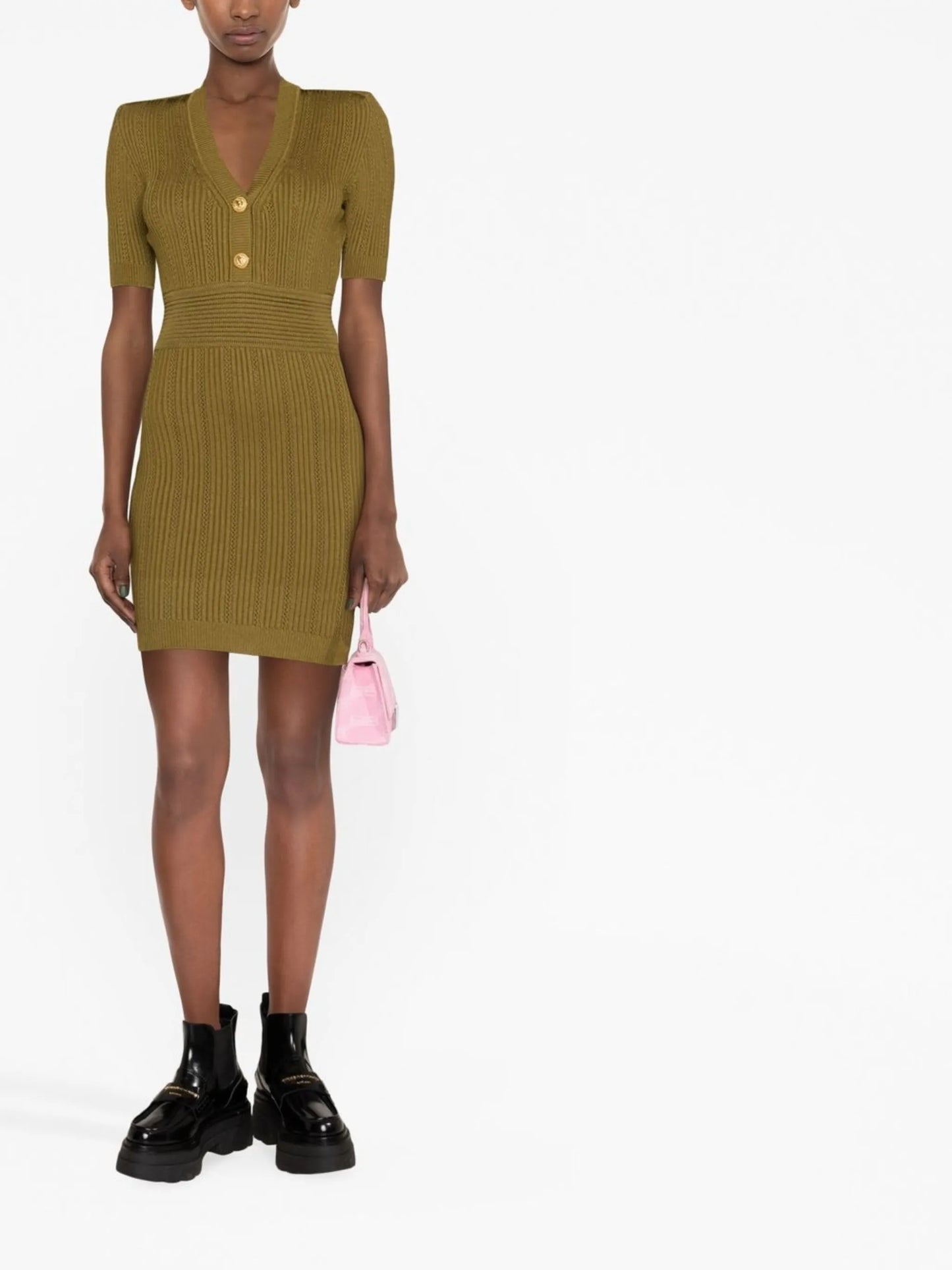 ribbed-knit buttoned minidress