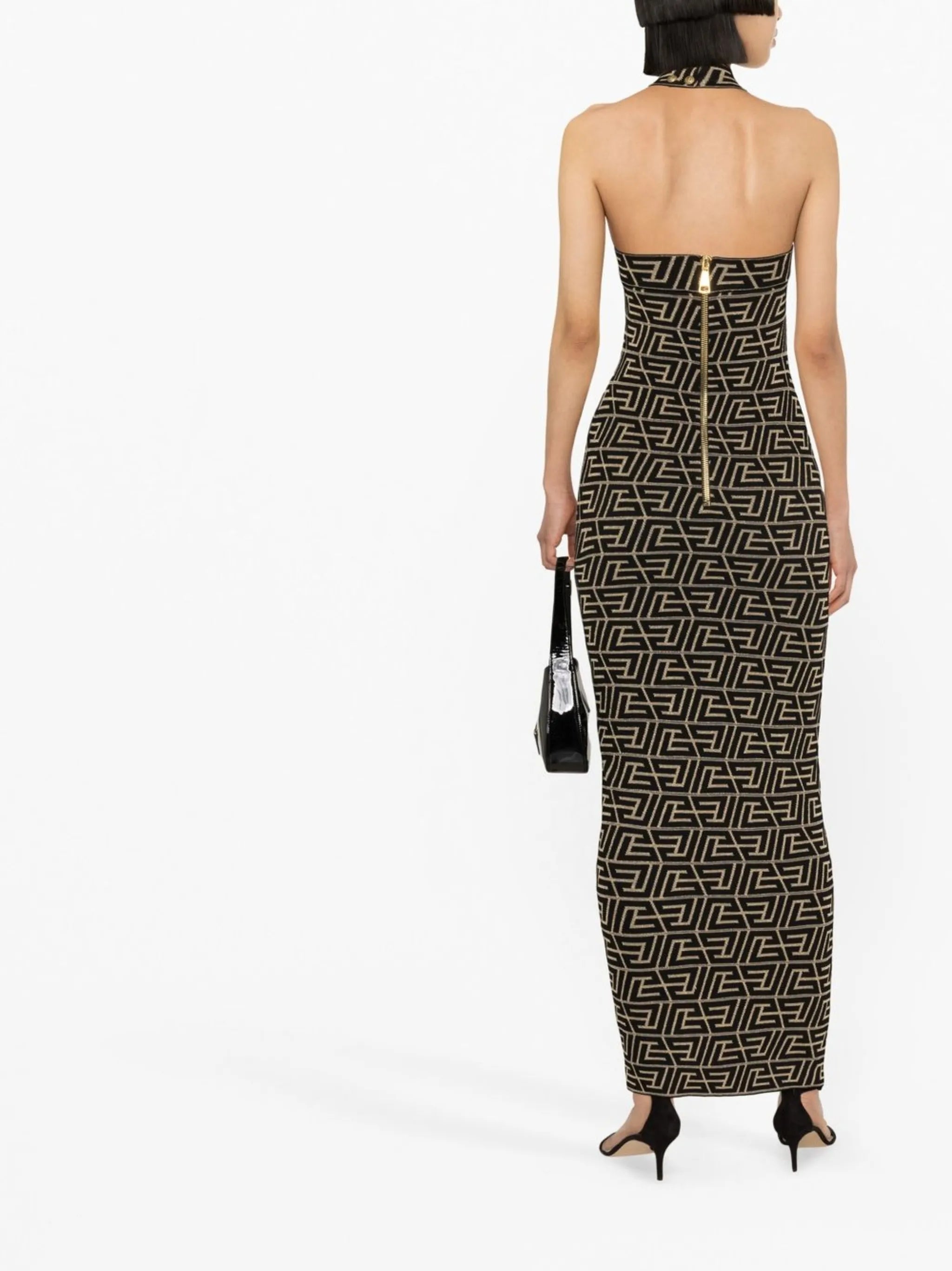 logo-jacquard halterneck dress