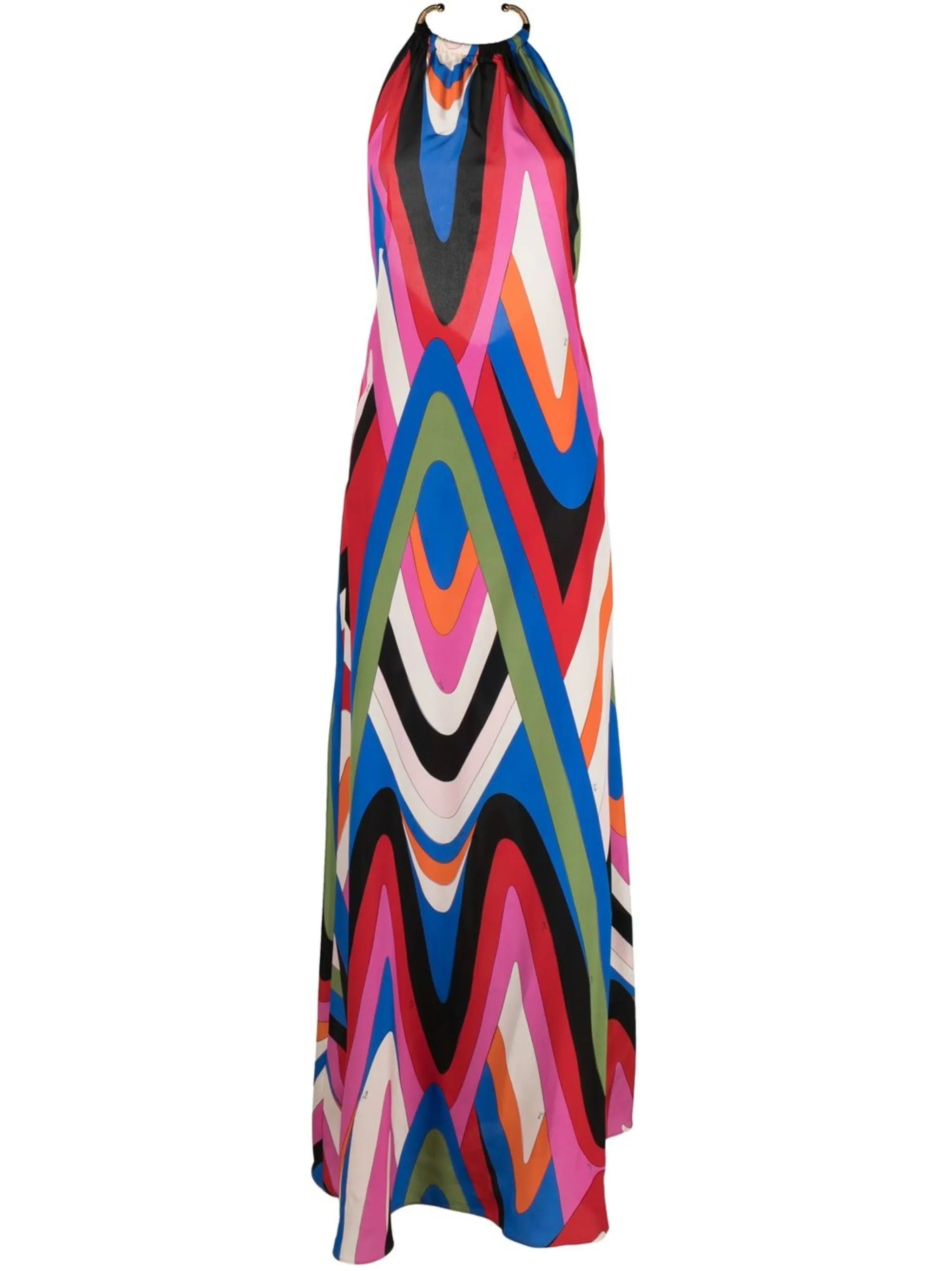 Moire-print halterneck maxi dress