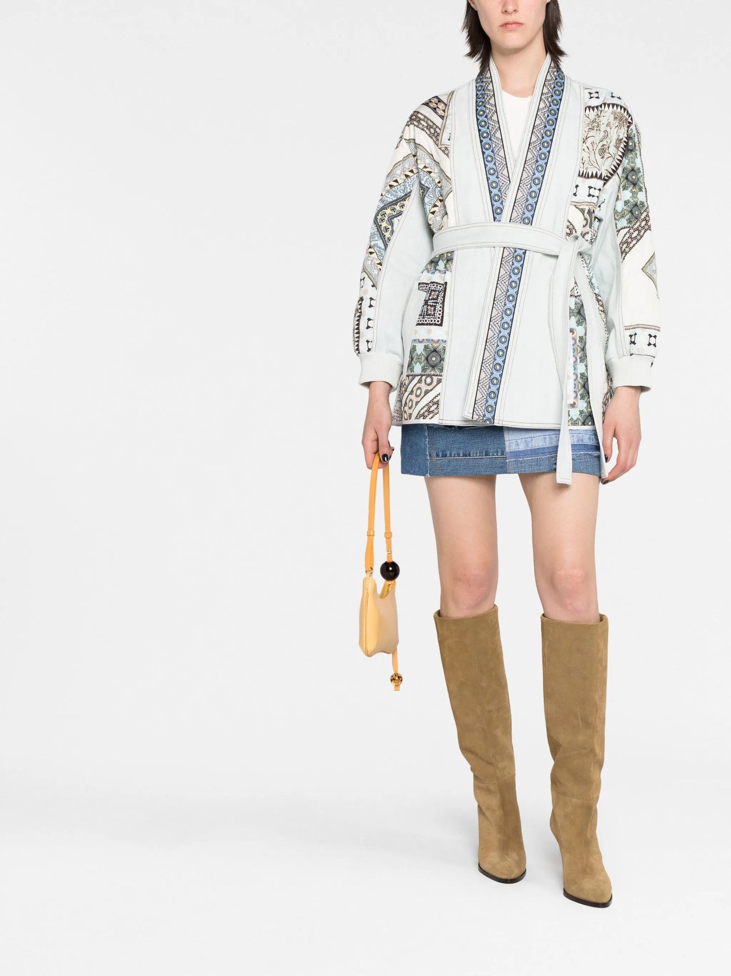 embroidered patchwork belted jacket