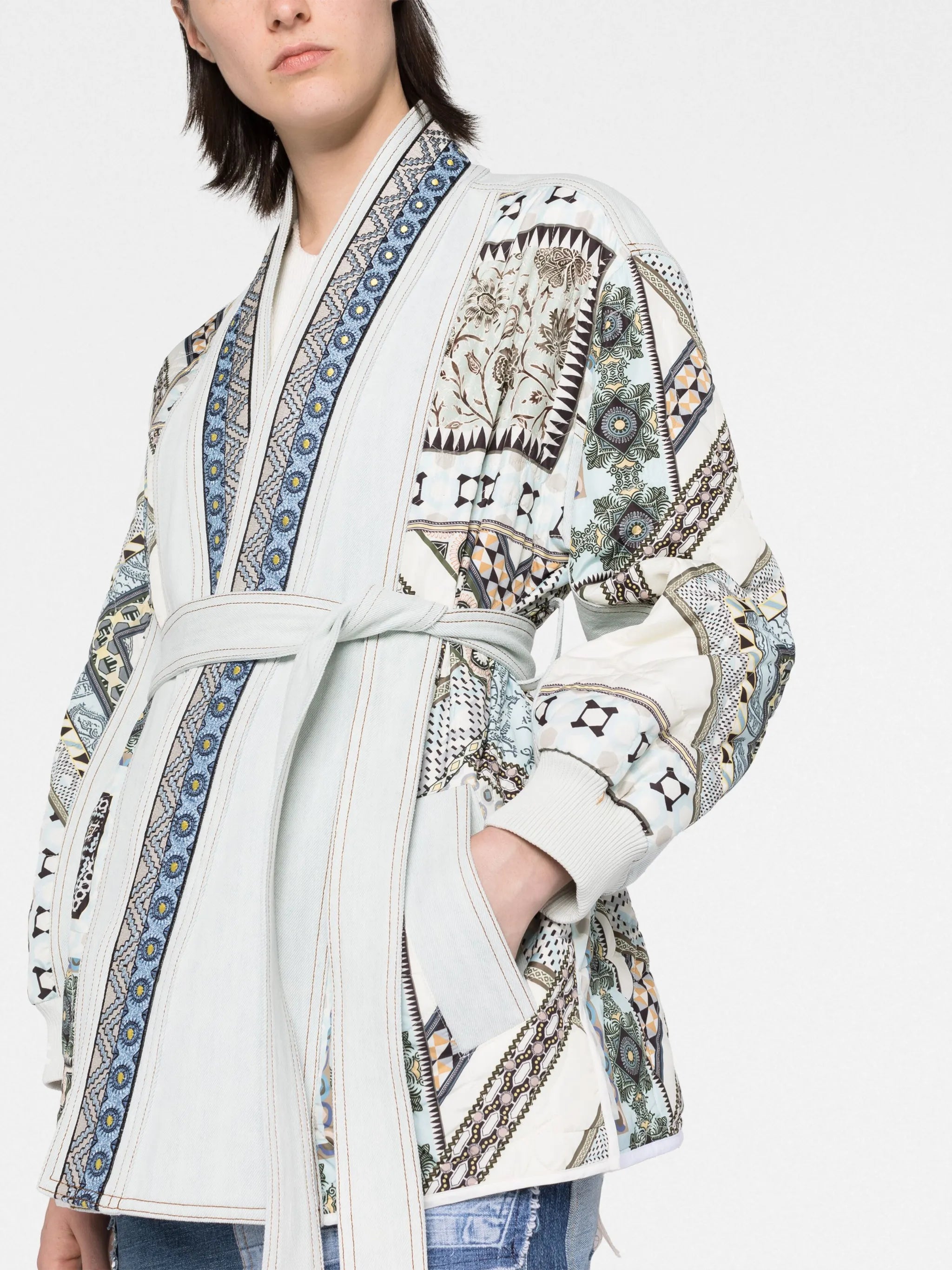 embroidered patchwork belted jacket