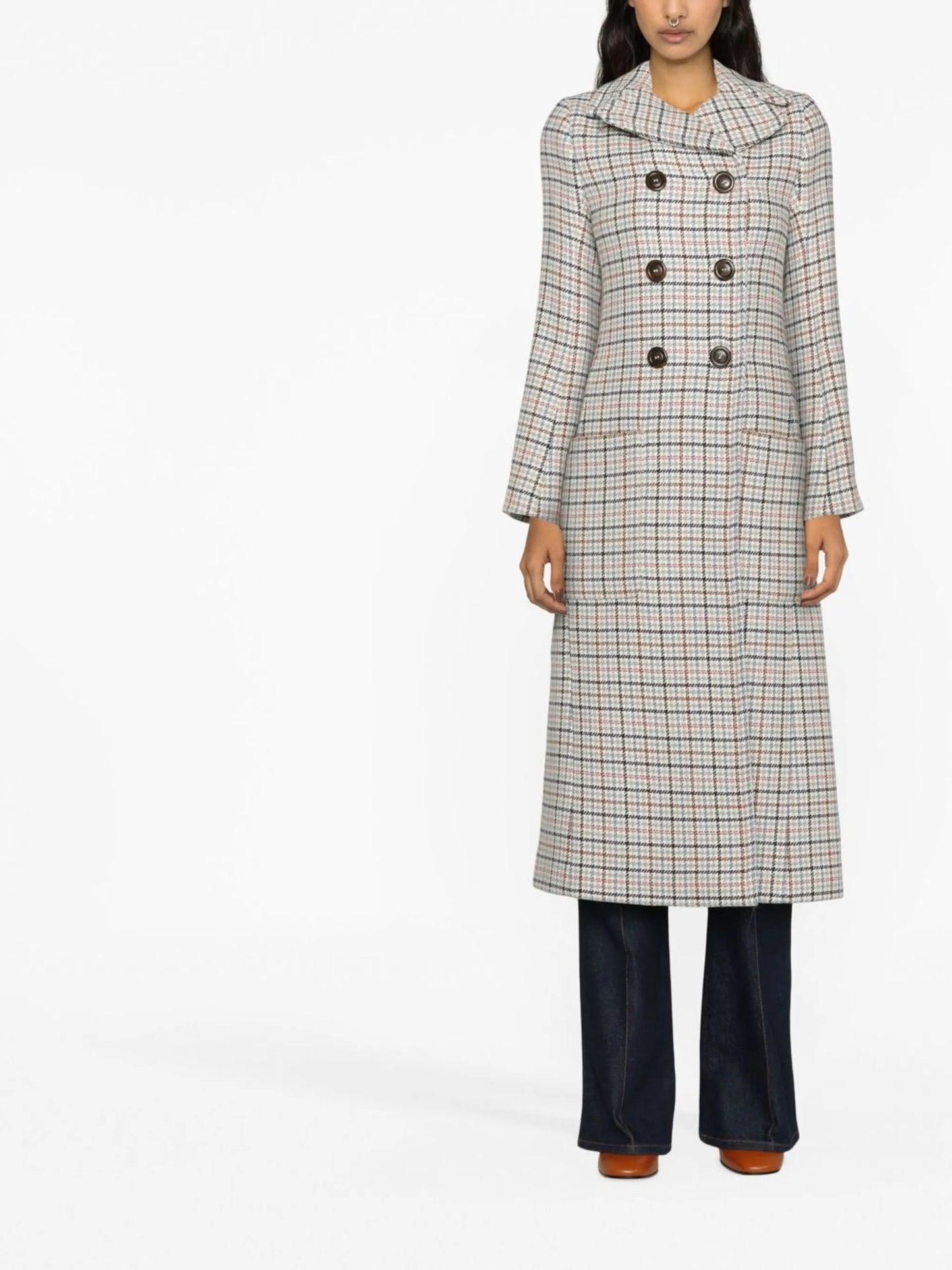 checked-print double-breasted coat