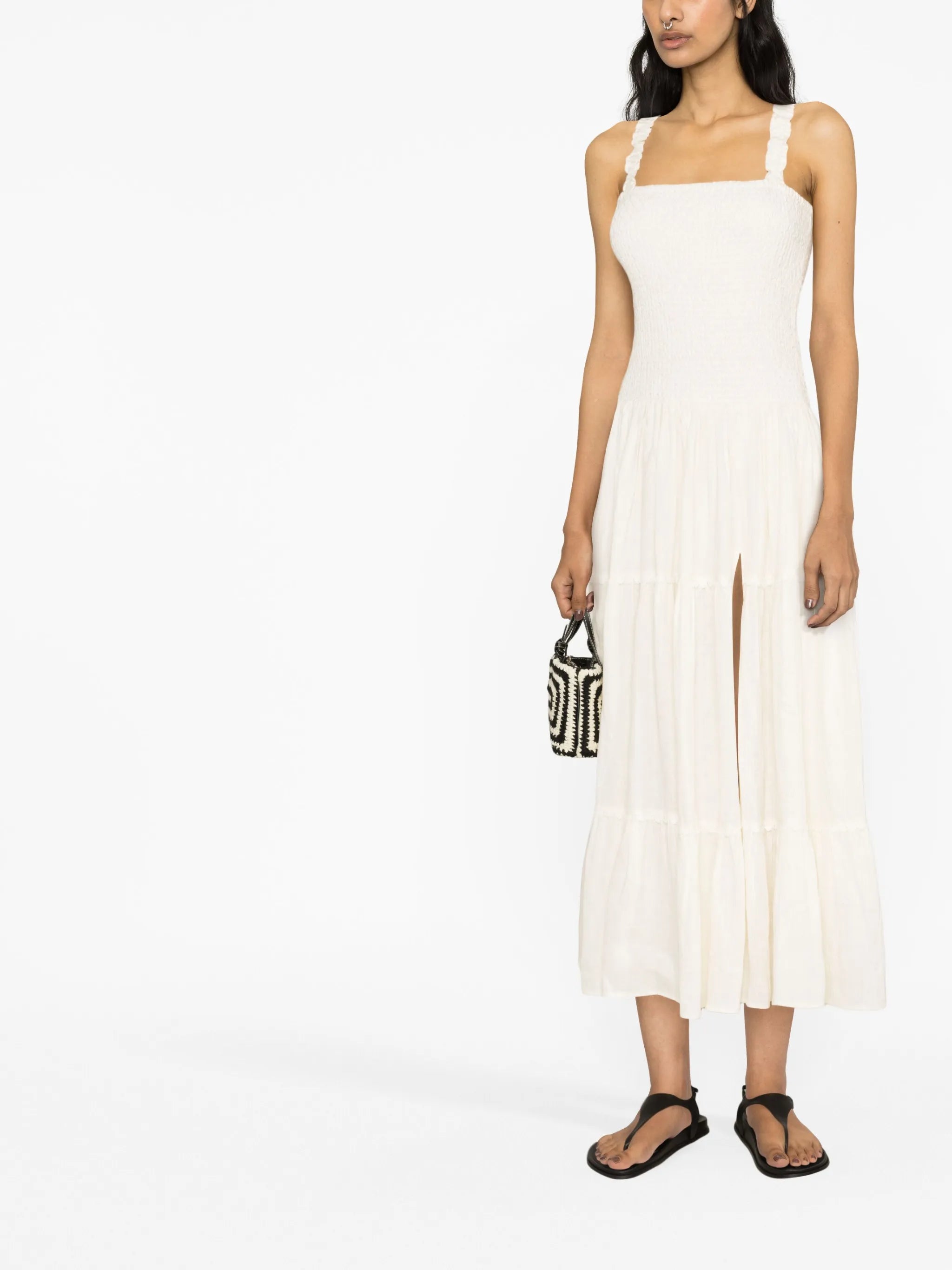 shirred sleeveless maxi dress