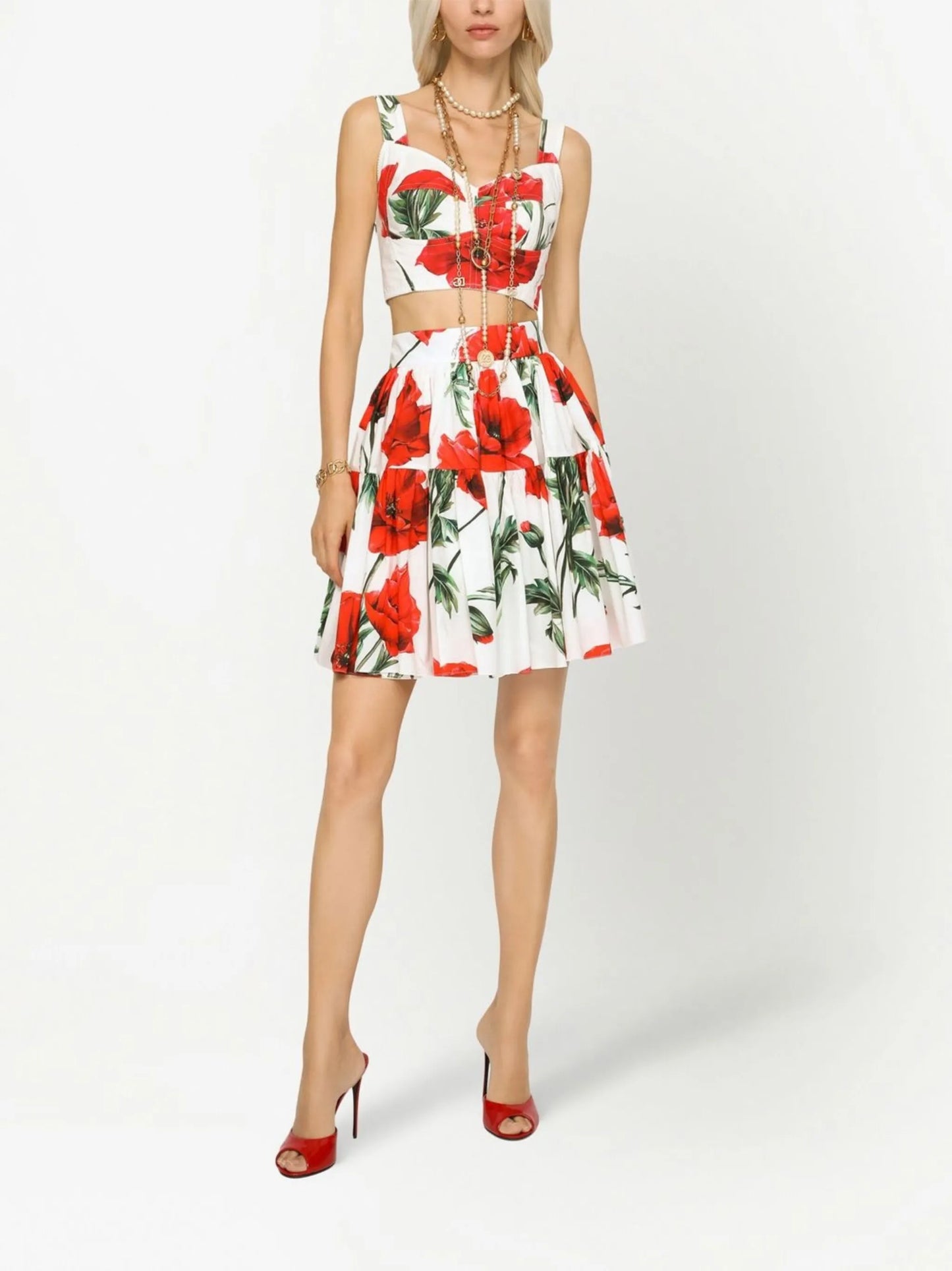 poppy-print A-line skirt