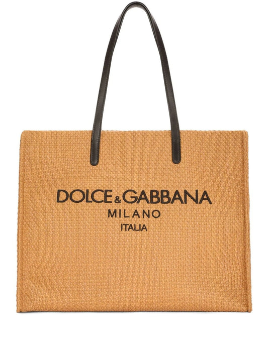 logo-embroidered raffia shopper bag