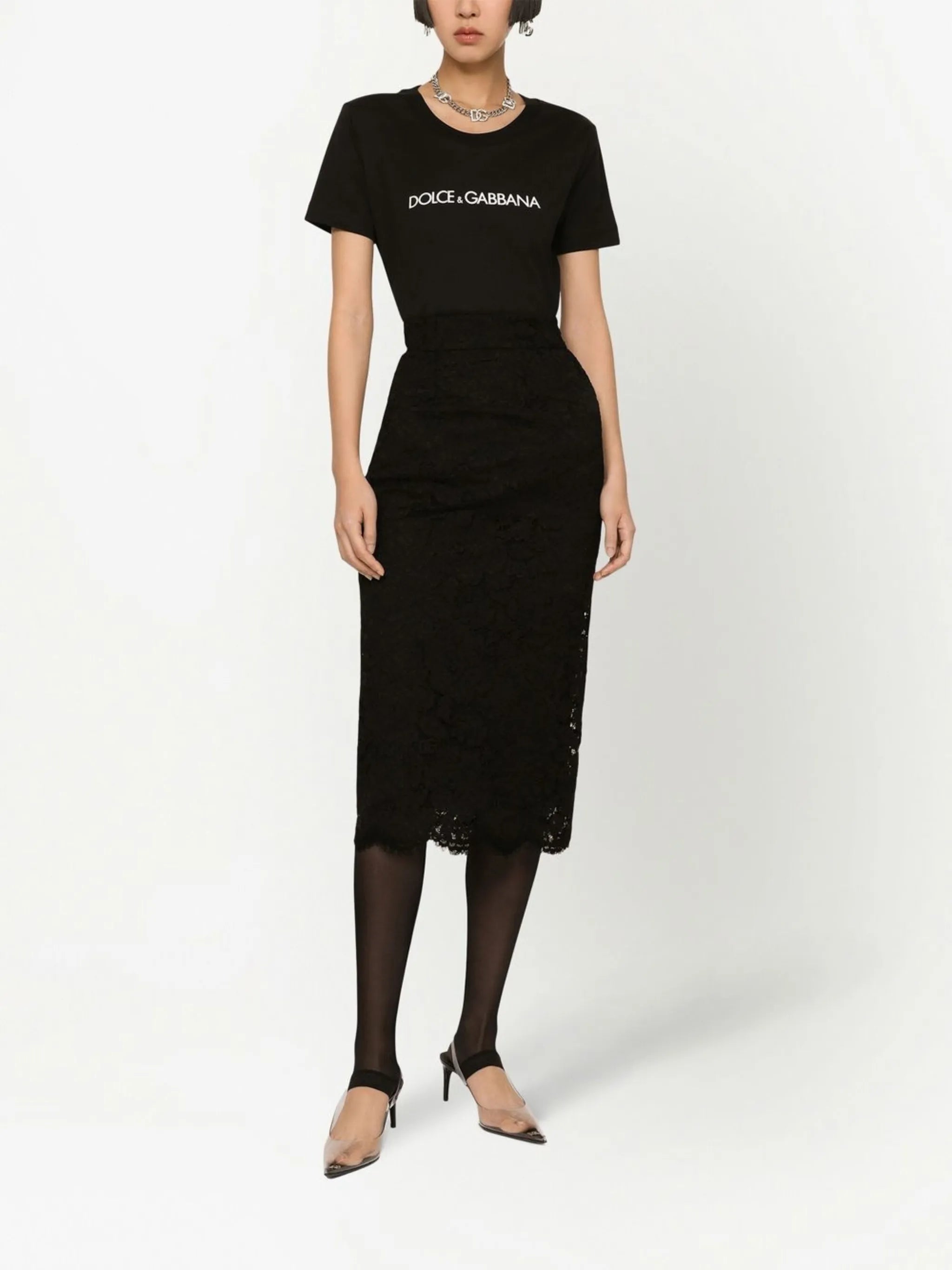 floral-lace midi skirt