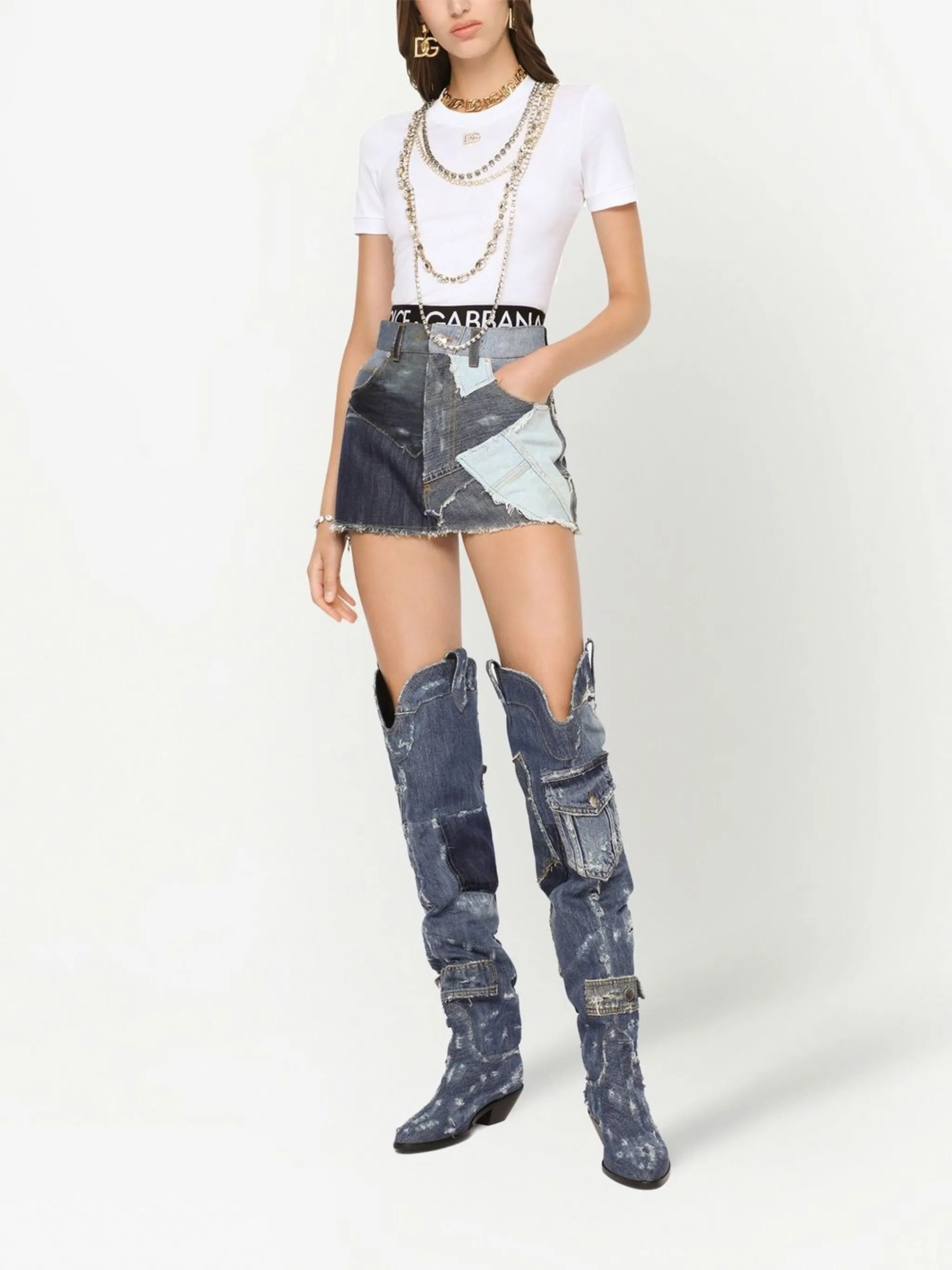 patchwork-detail denim skirt