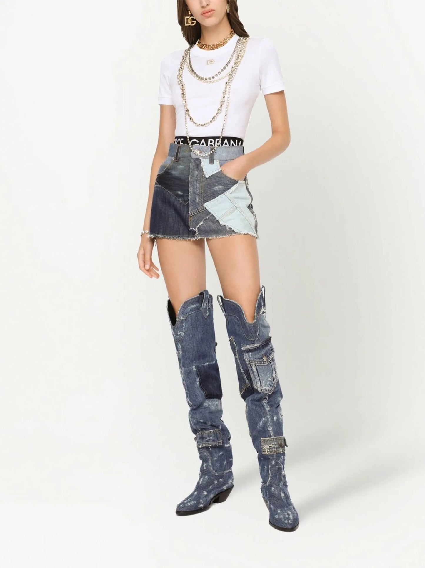 patchwork-detail denim skirt