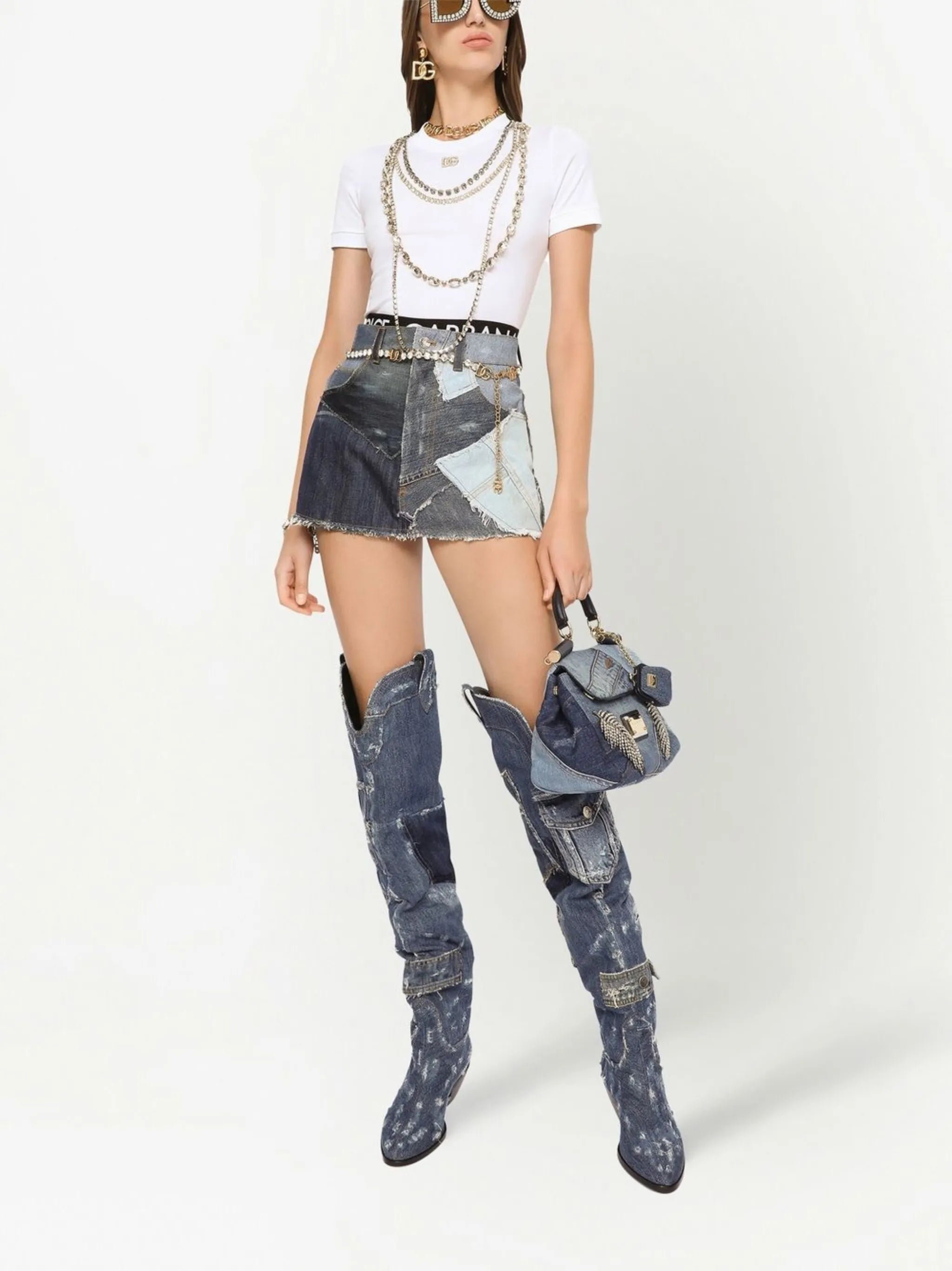 patchwork-detail denim skirt