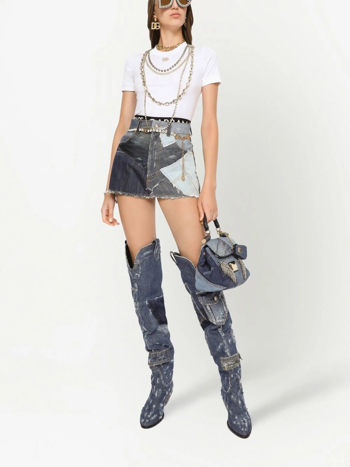 patchwork-detail denim skirt