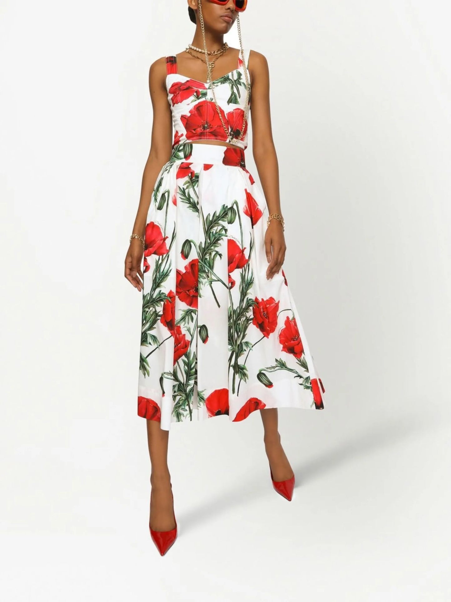 poppy-print high-waisted skirt