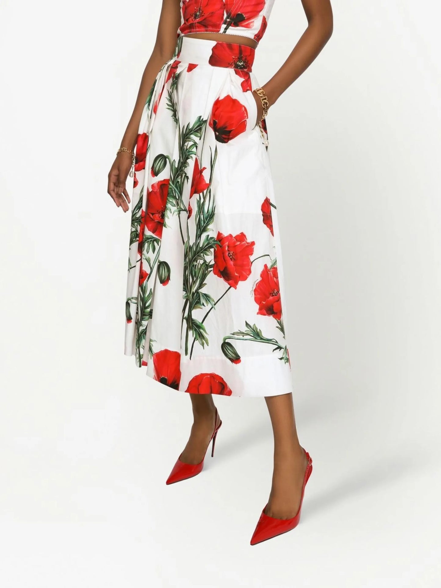 poppy-print high-waisted skirt