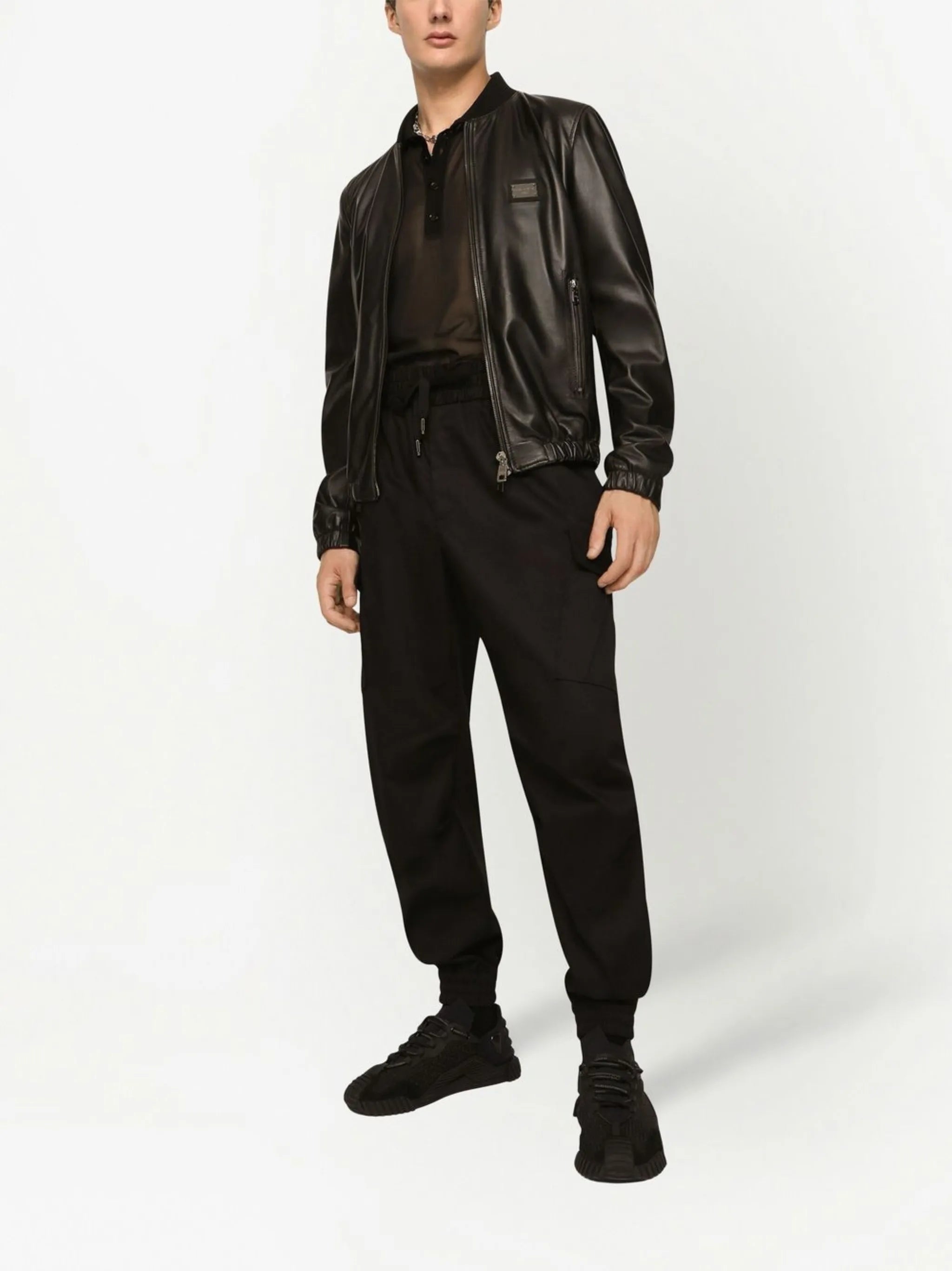 logo-appliqué leather jacket
