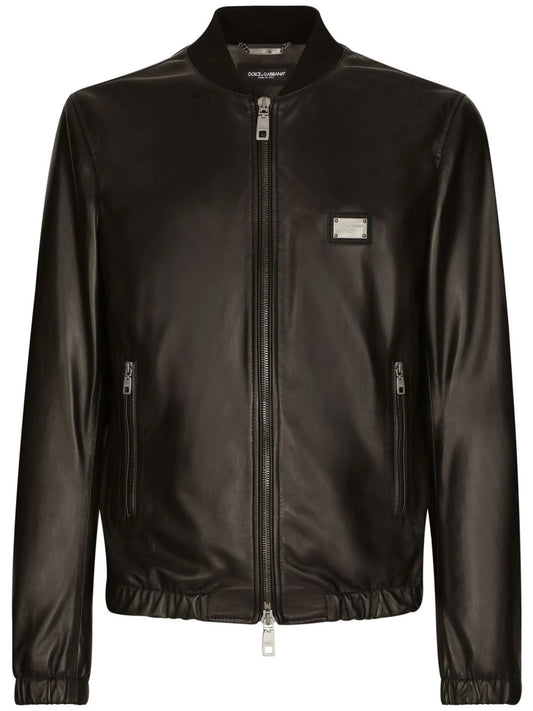 logo-appliqué leather jacket